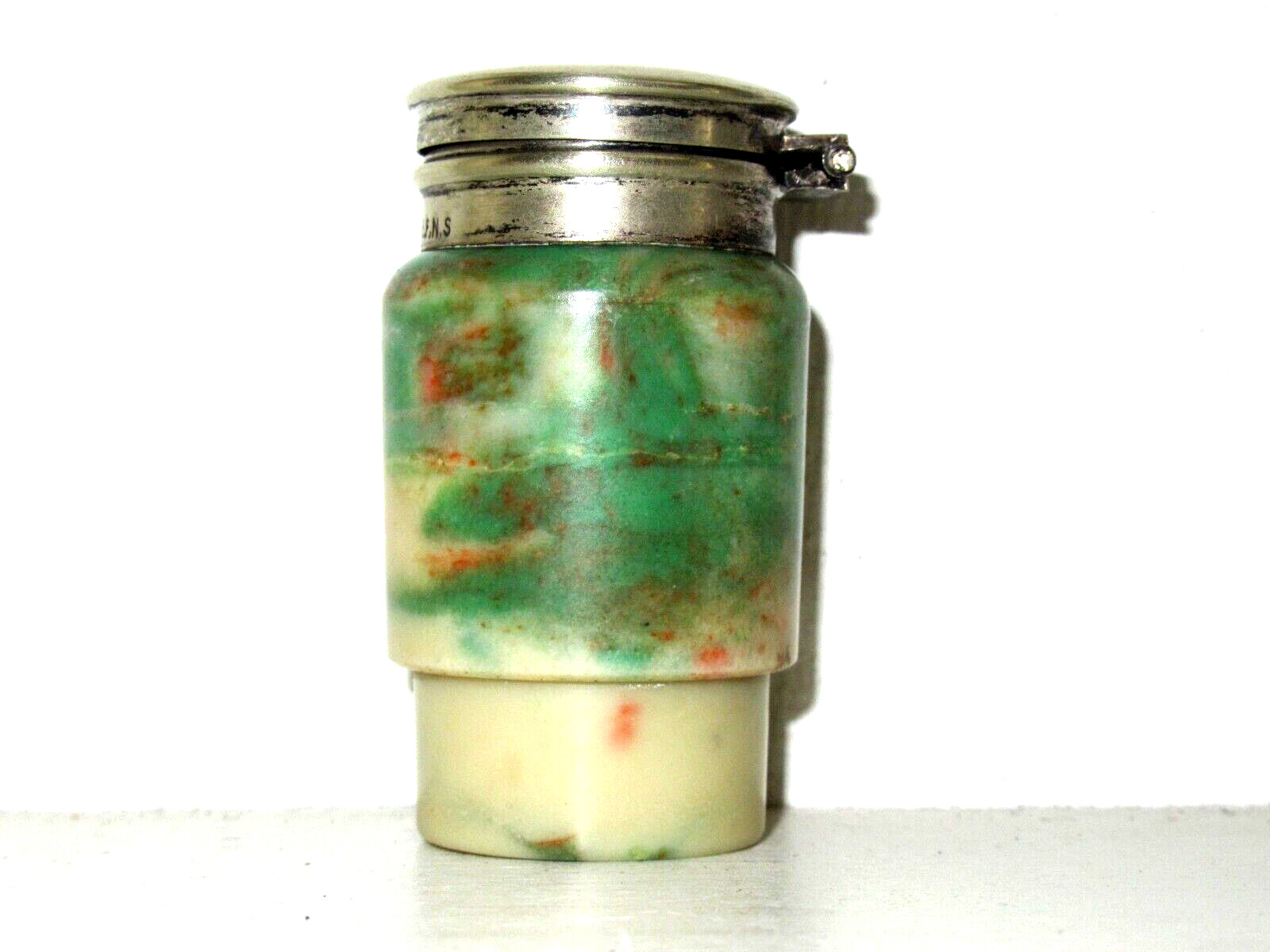 1890-1910 Art Nouveau Antique Ink Well Bottle Marbled Celluloid Hinge EPNS Lid