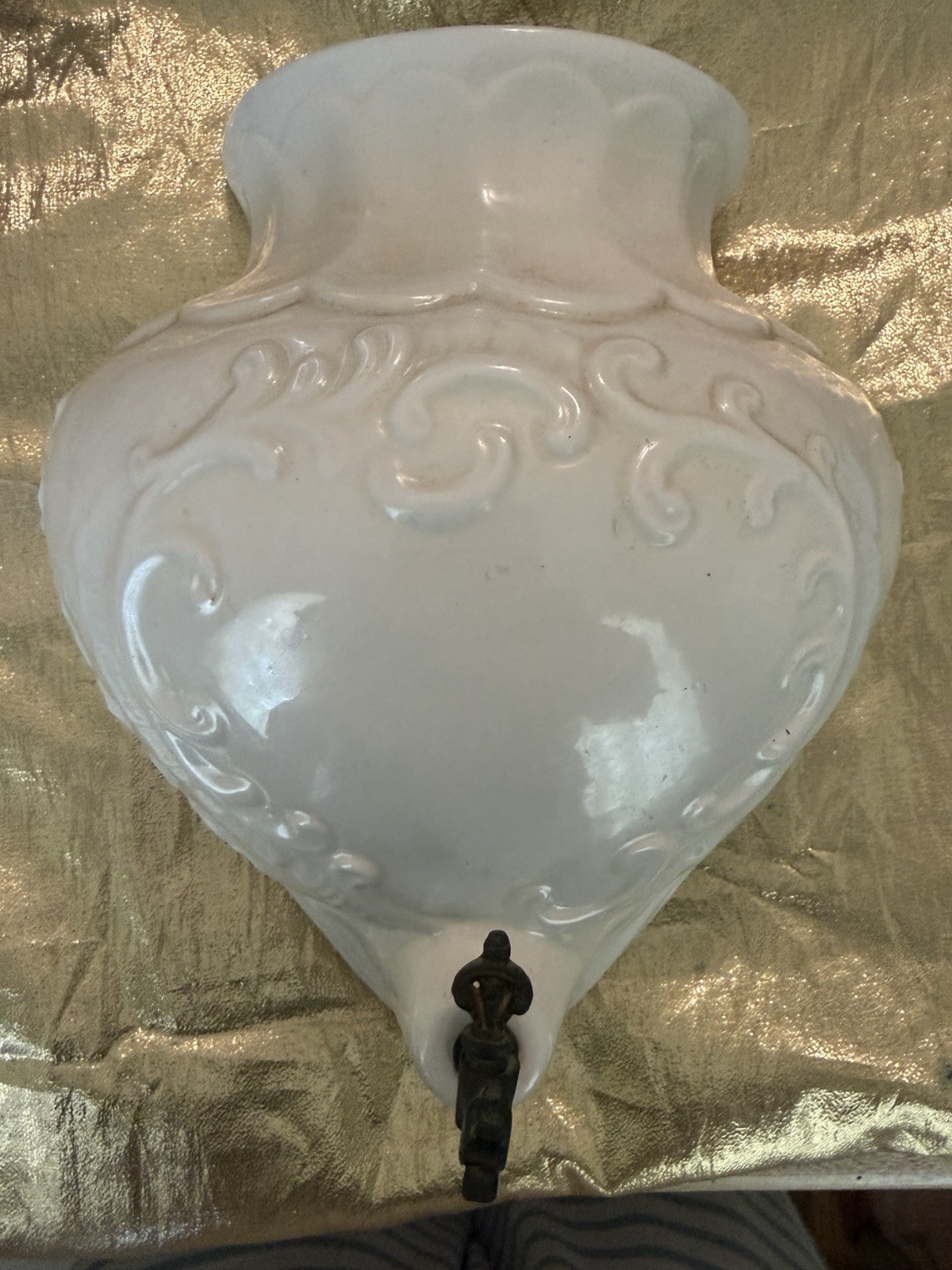 Vintage Italian porcelain wall fountain, or lavabo, ornate white glaze
