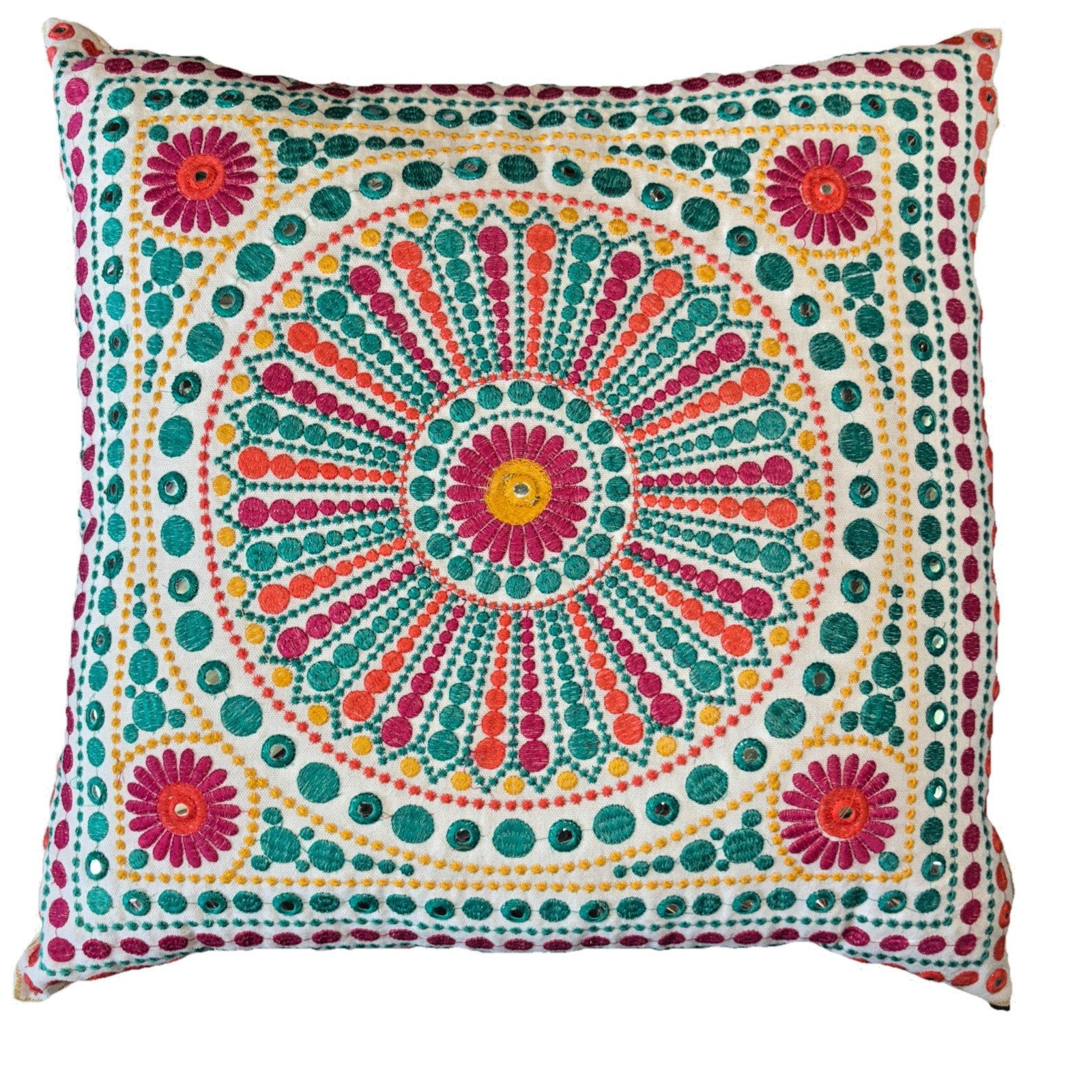 VTG Throw Pillows (2) Boho Mandala Mirrored Embroidery Square 20×20”, 18” Round