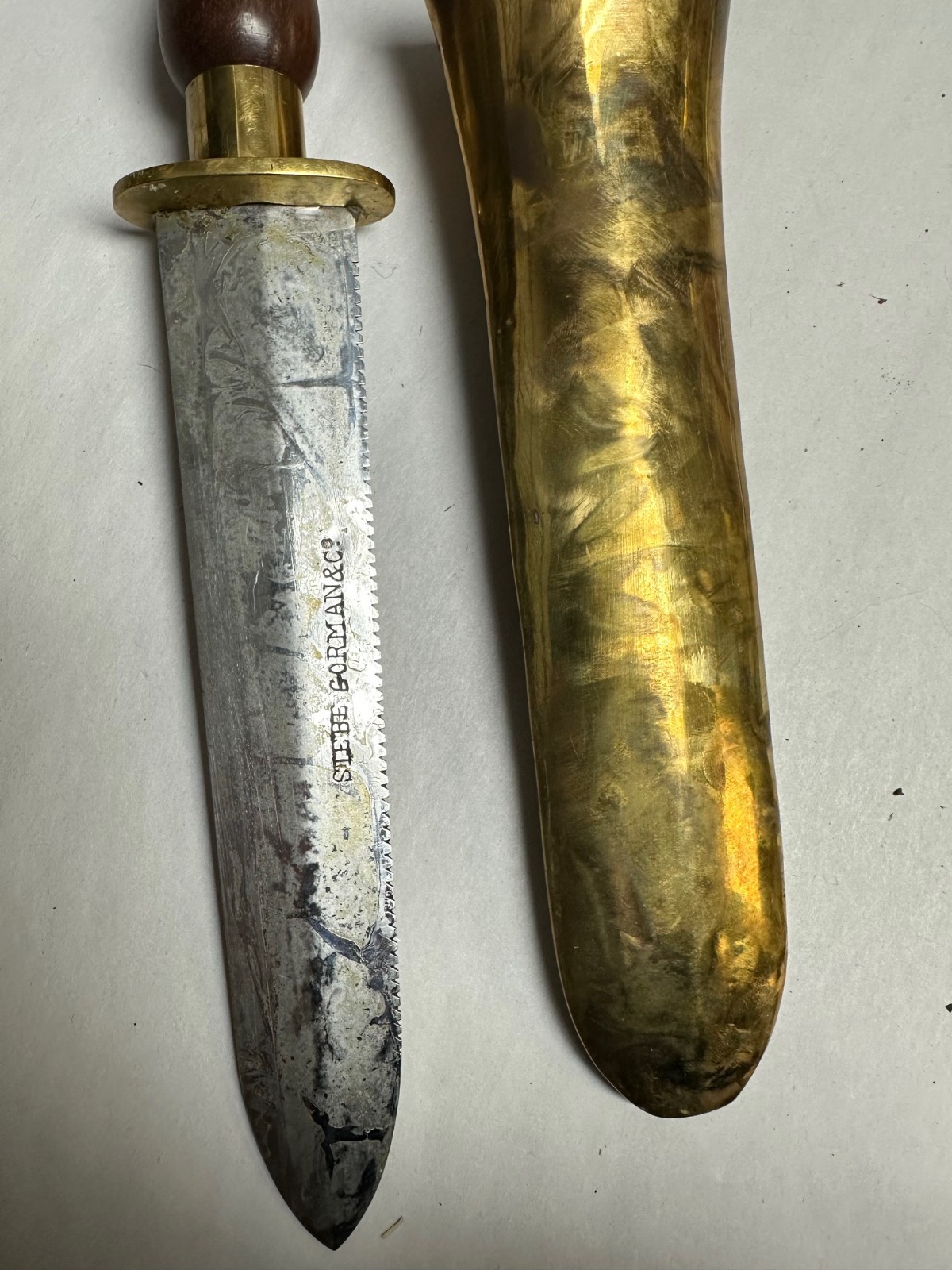 UNKNOWN ORIGIN DIVING KNIFE BLADE MARKED WITH REPLACEMENT LEATHER LOOP.