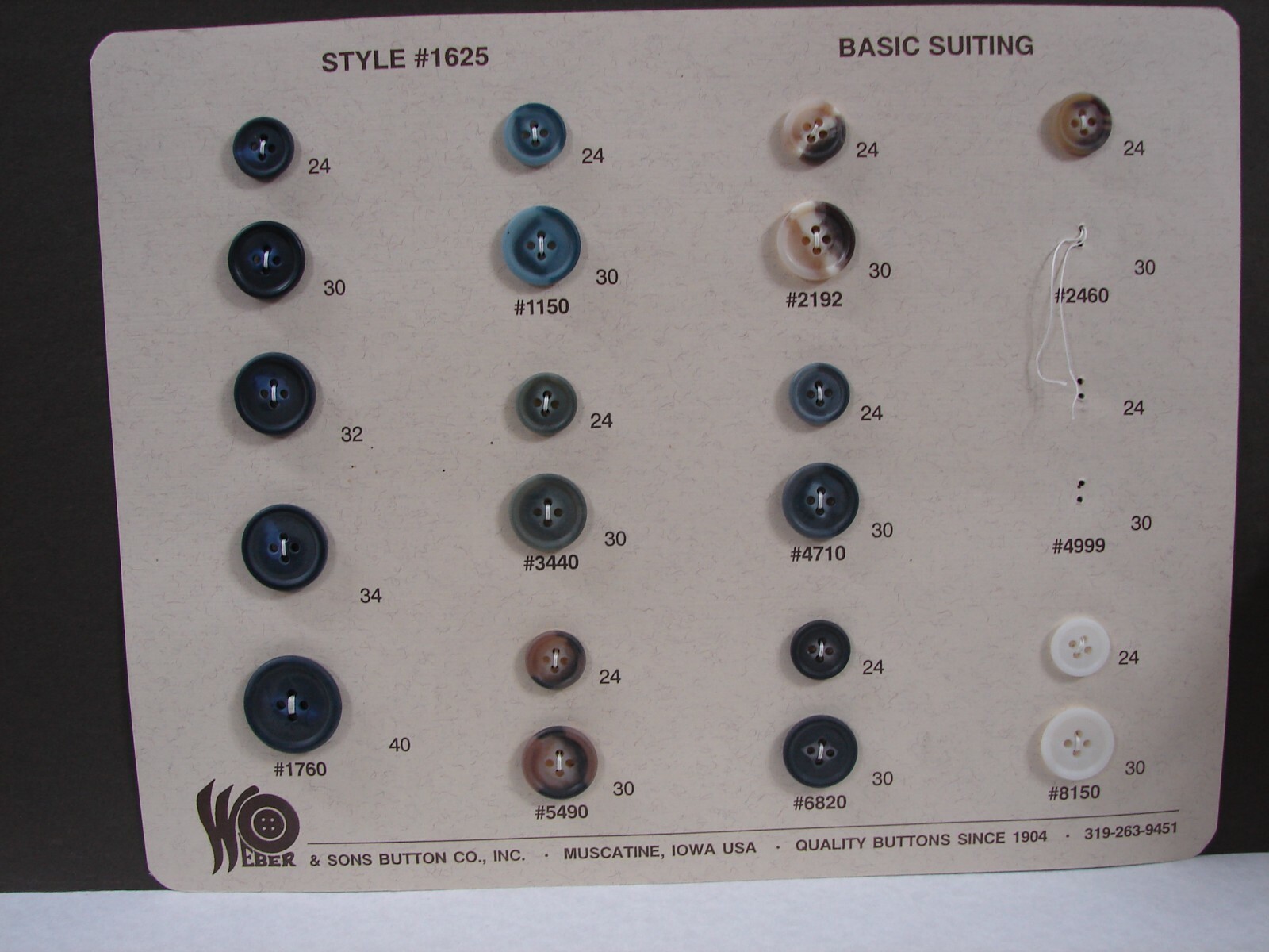 Weber Button Sellman Sample Card Style 1625