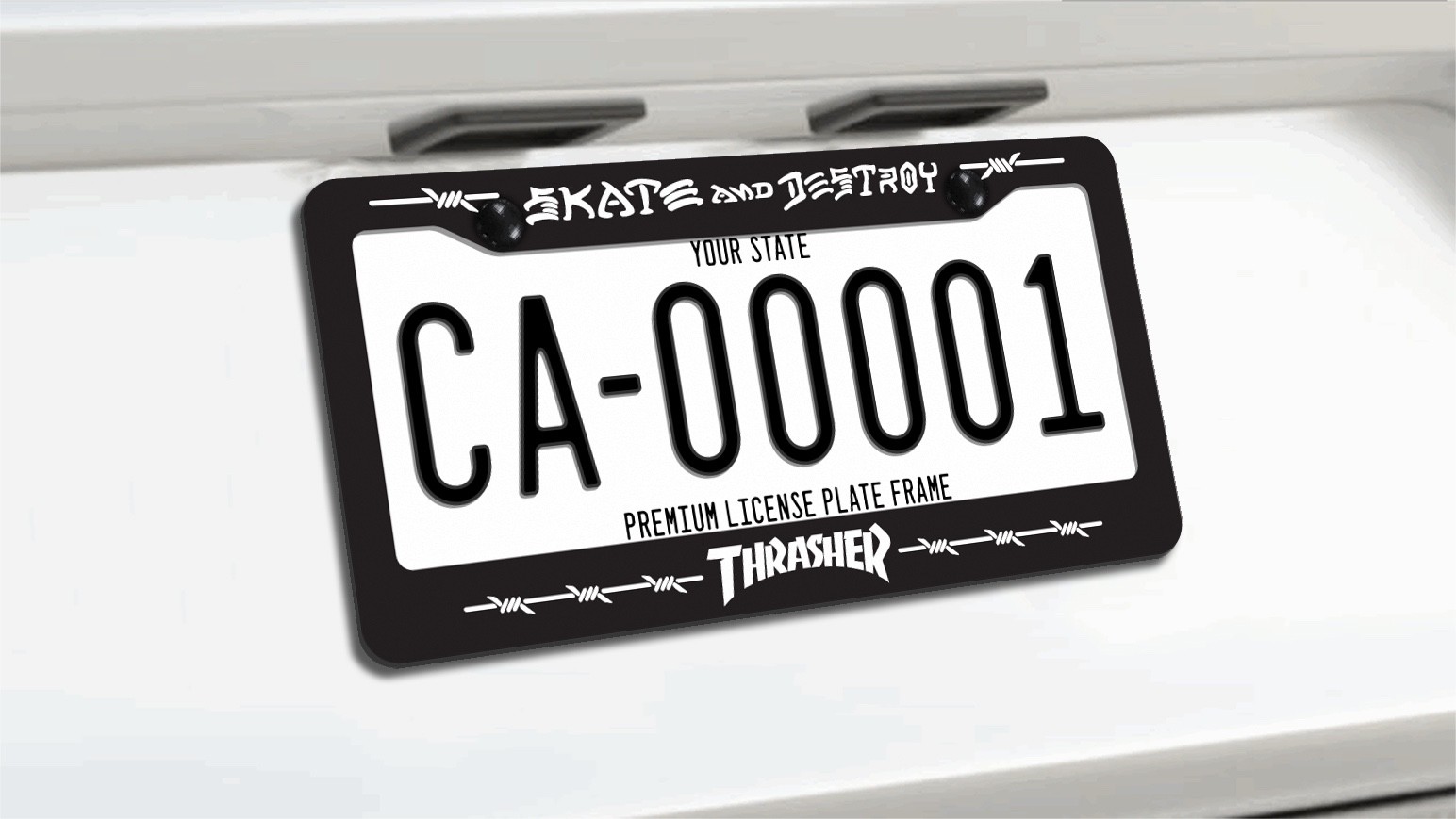 Thrasher BARBED WIRE SKATE AND DESTROY License Plate Frame BLACK