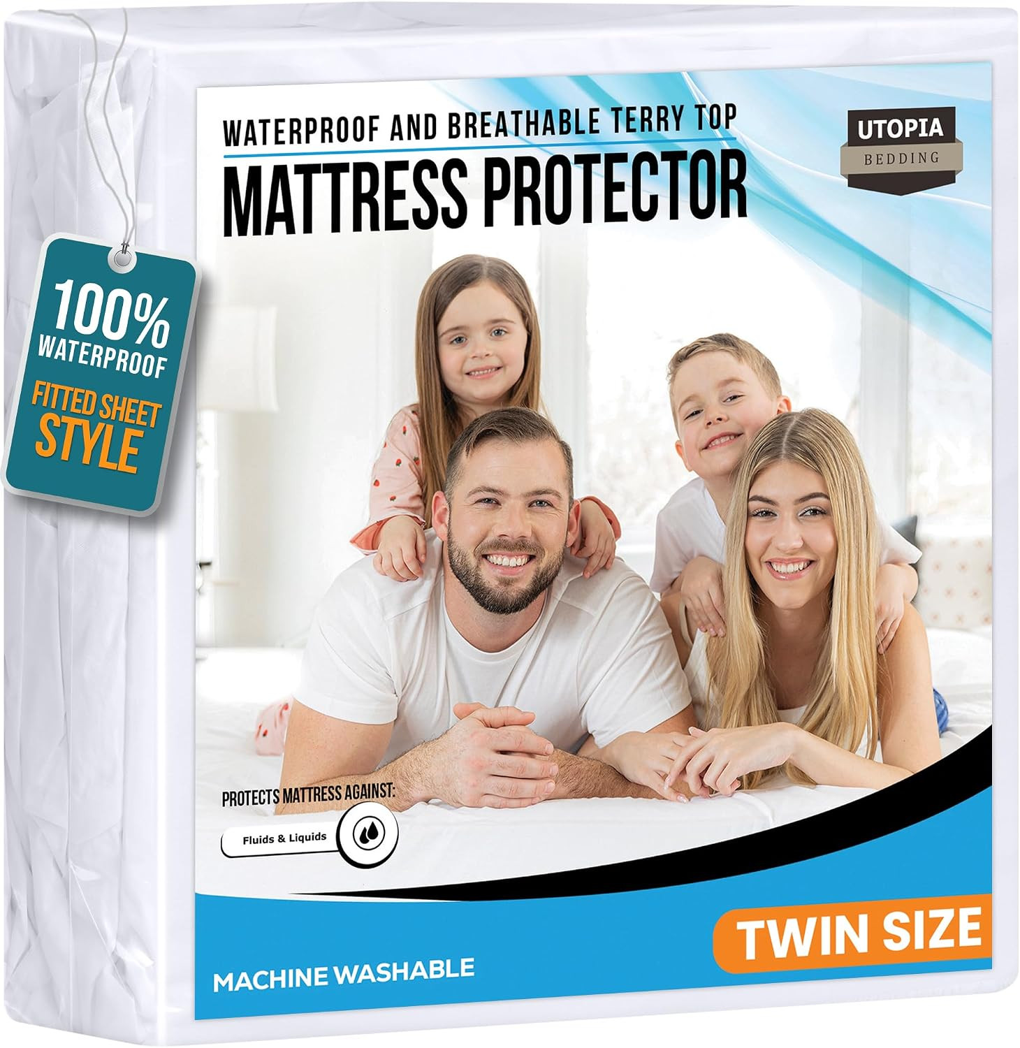 Waterproof Twin Size Mattress Protector, Soft Terry Cover, Deep Pockets 15