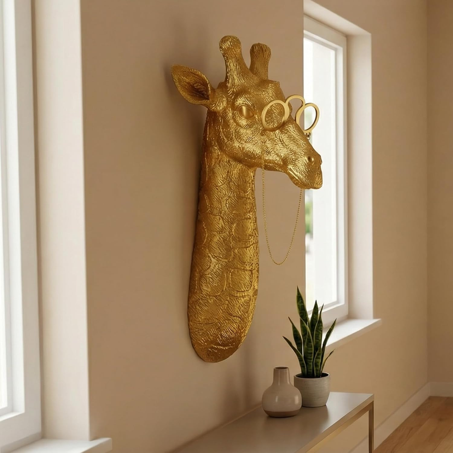 Golden Giraffe Animal Head Wall Decor with Glasses, 11.5” Tall Resin