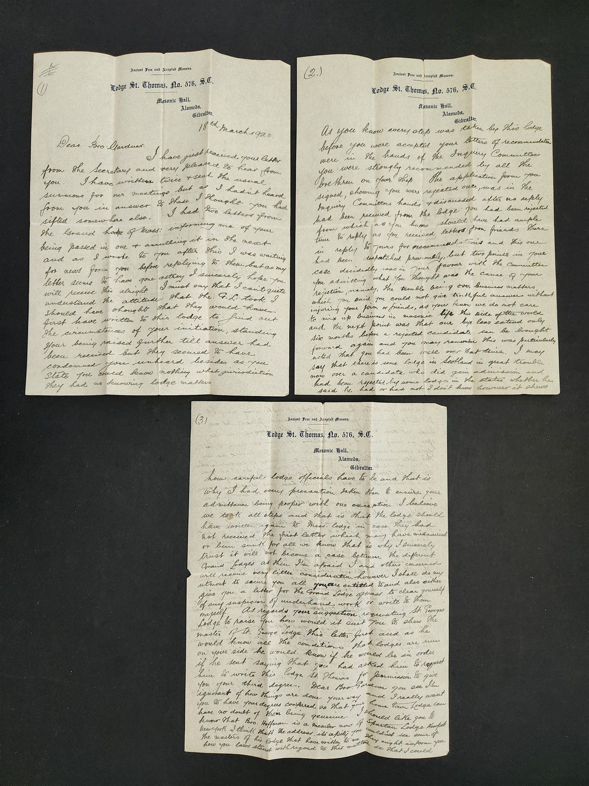1920 antique MASONIC LODGE LETTER St. Thomas No. 576 S.C. Freemasons gilbralter