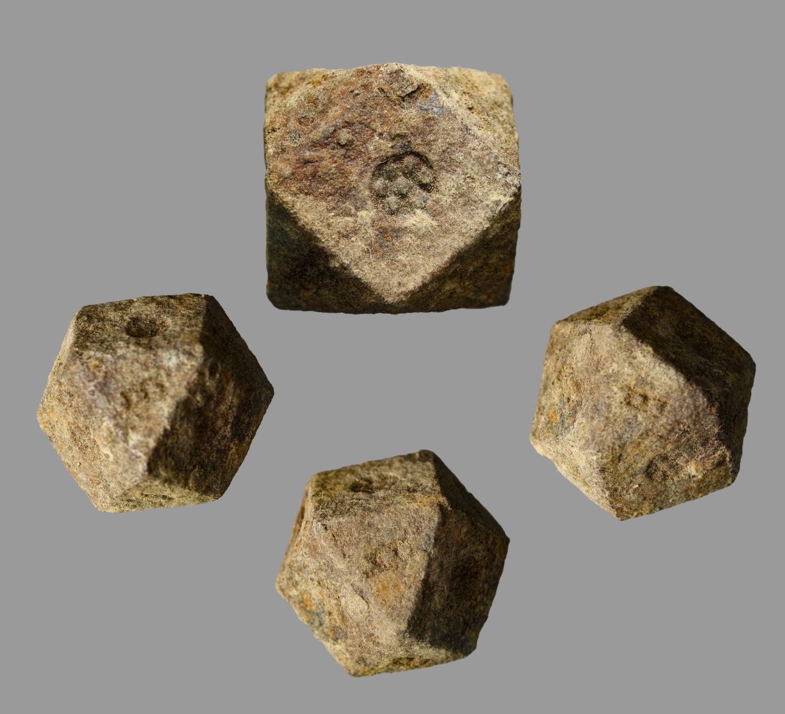 Ancient Roman Iron Polyhedral 1-Uncia Commercial Weight Stamped Flower 30.19gr