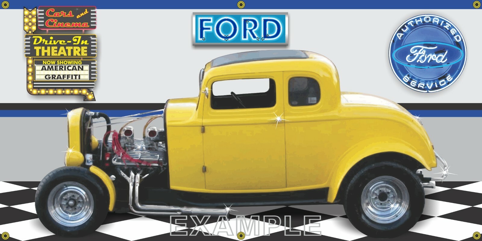 1932 FORD COUPE YELLOW MILNER AMERICAN GRAFFITI GARAGE SCENE BANNER SIGN MURAL