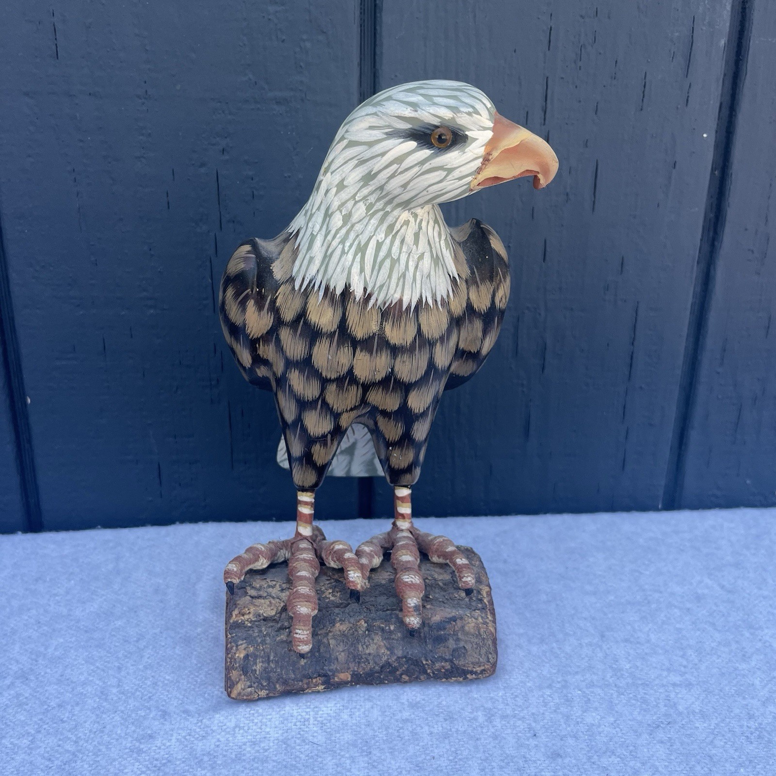 Hand Painted Wood Eagle Bird Carved Sculpture Figurine on Base