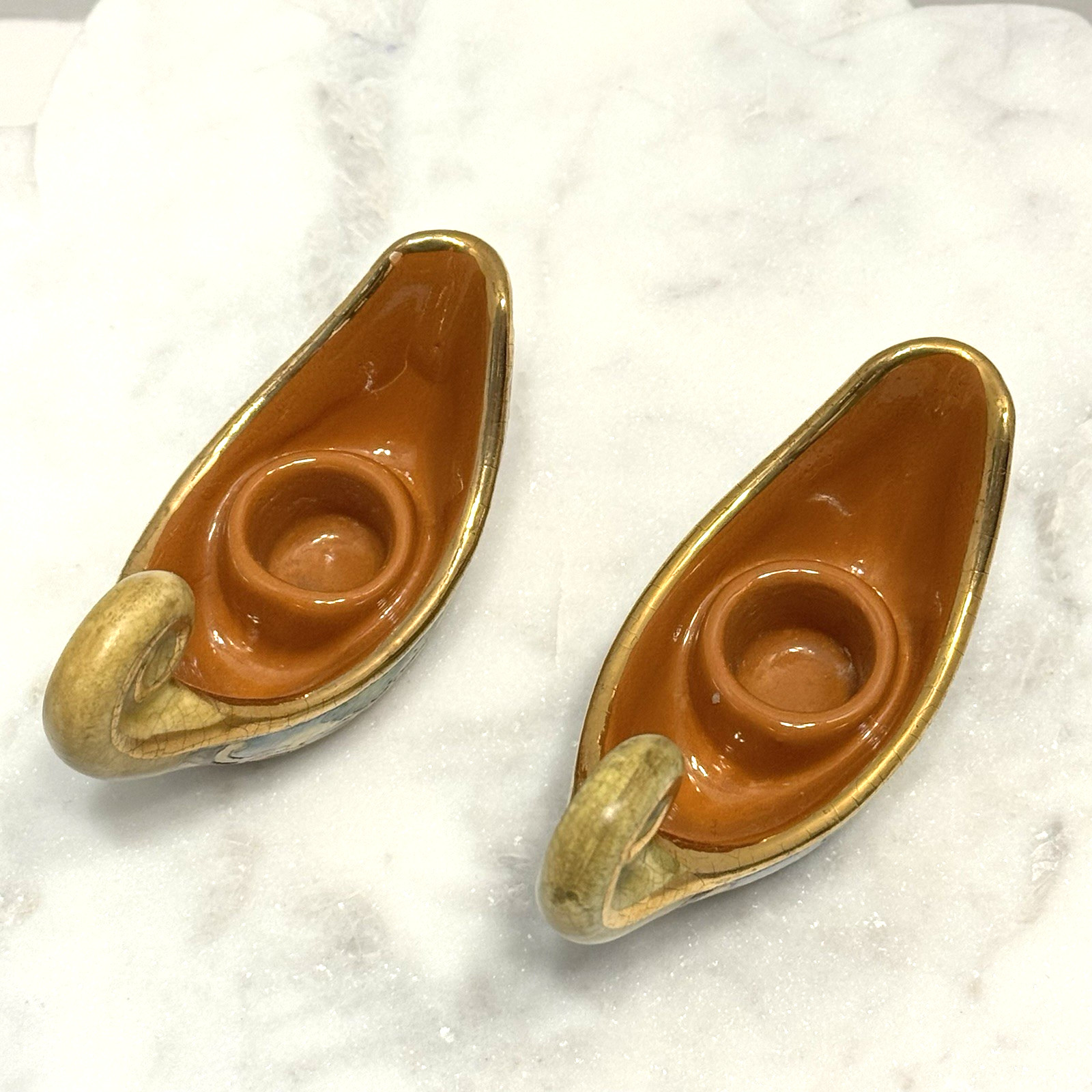Pair Veneto Flair Hand Painted Mosaic Pottery Gondola Candle Holders 1975 Italy