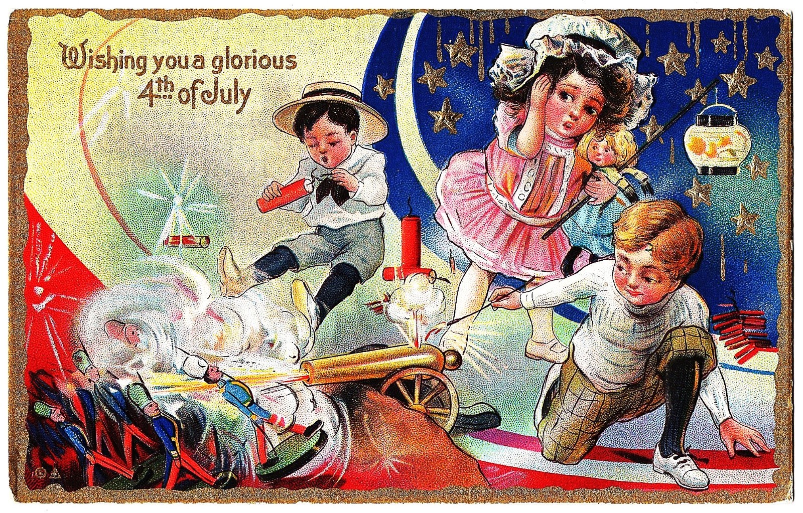 July 4 Fourth 4th Children Cannon Toy Soldiers Paper Lantern antique postcard