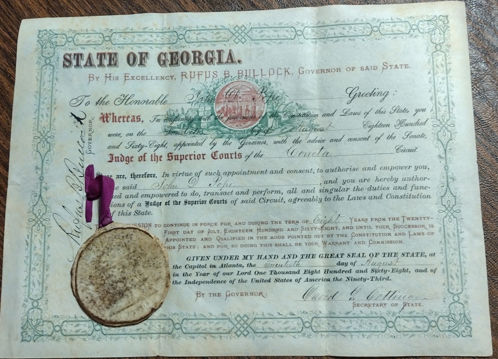 1868 Georgia Reconstruction Document Signed By Gov Rufus Bullock W/ State Seal