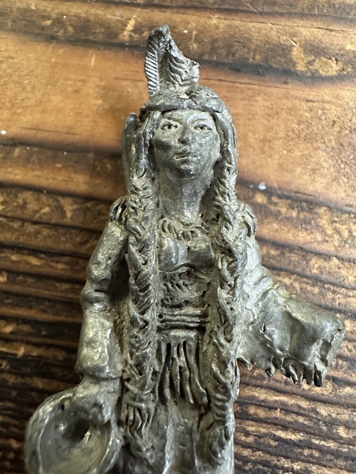 Gray Metal Native American Woman Figurine 3D Effect, 3 in, Bowl & Basket