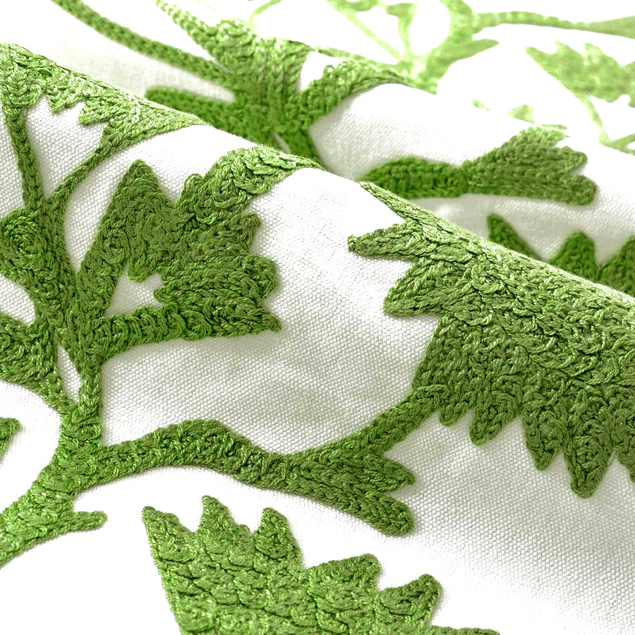 Embroidered Crewel floral vine organic green and off white Upholstery Fabric