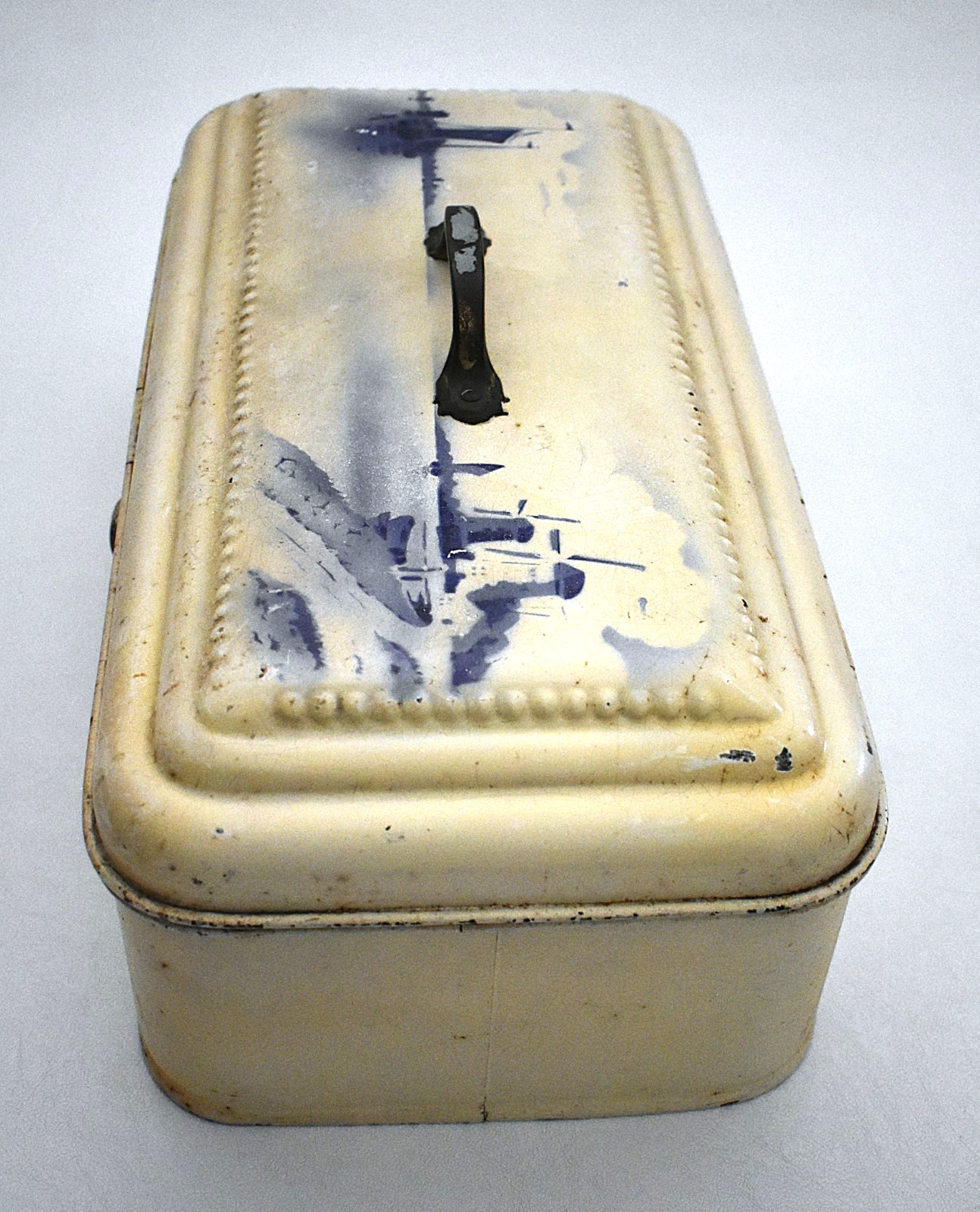 Vtg Dutch Enamel Bread Box Hand-Painted Windmill Metal Storage Box Sail Boats
