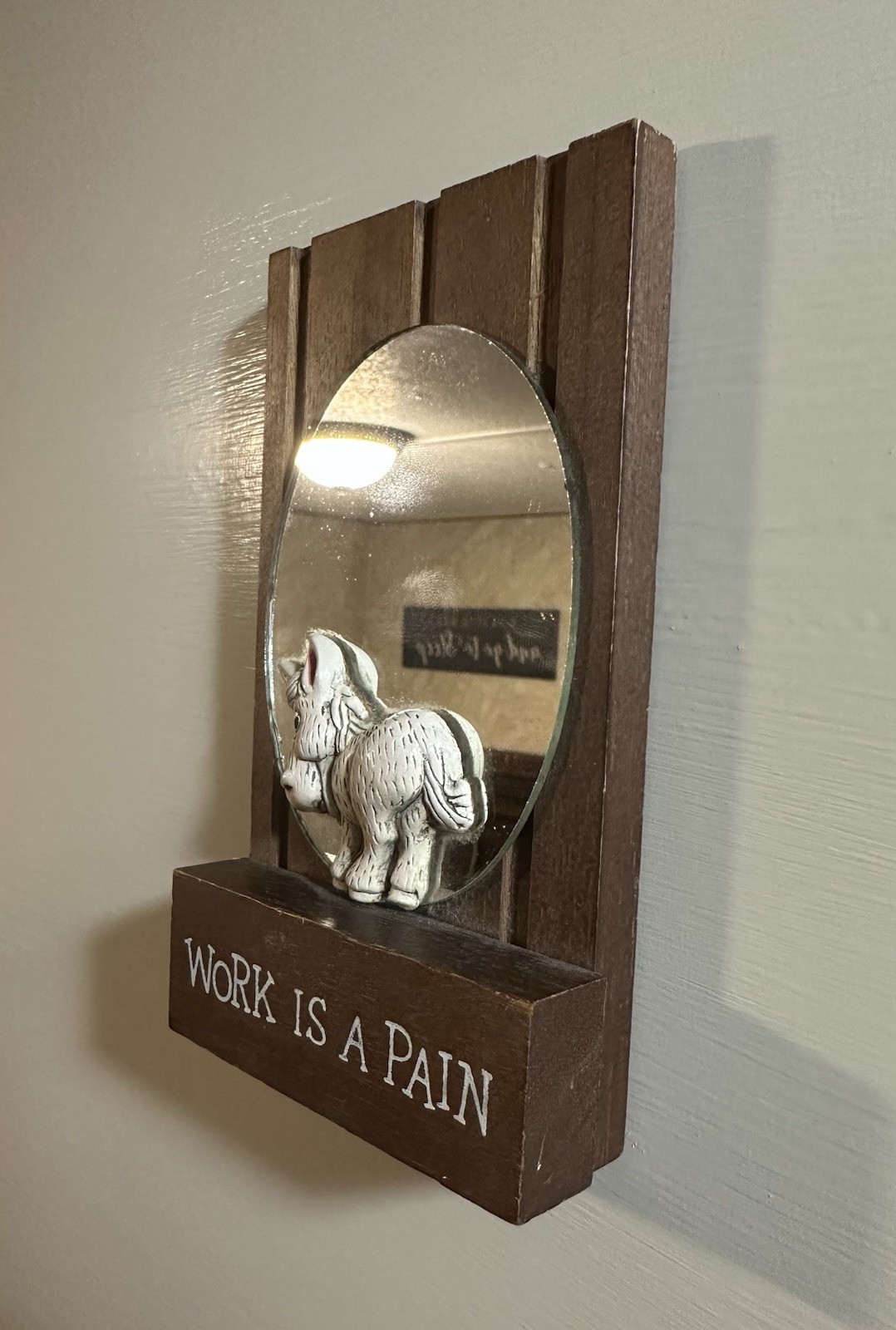 Vintage 1970s Work Is A Pain Novelty Humor Wall Mirror 3D Donkey Figure Rustic