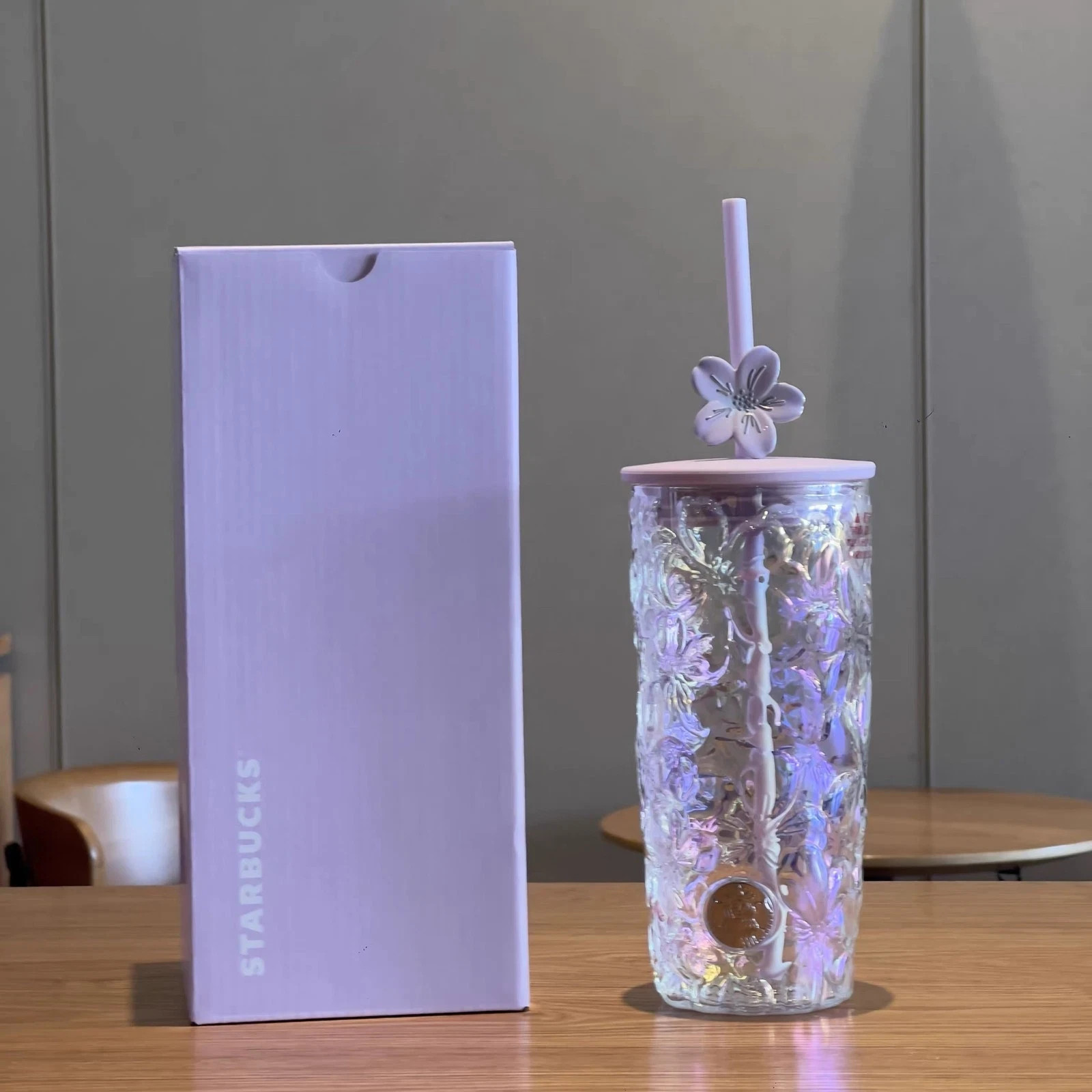 Starbucks 2026 New China Twilight Sakura Embossed Glass Tumbler Straw Cups Gifts