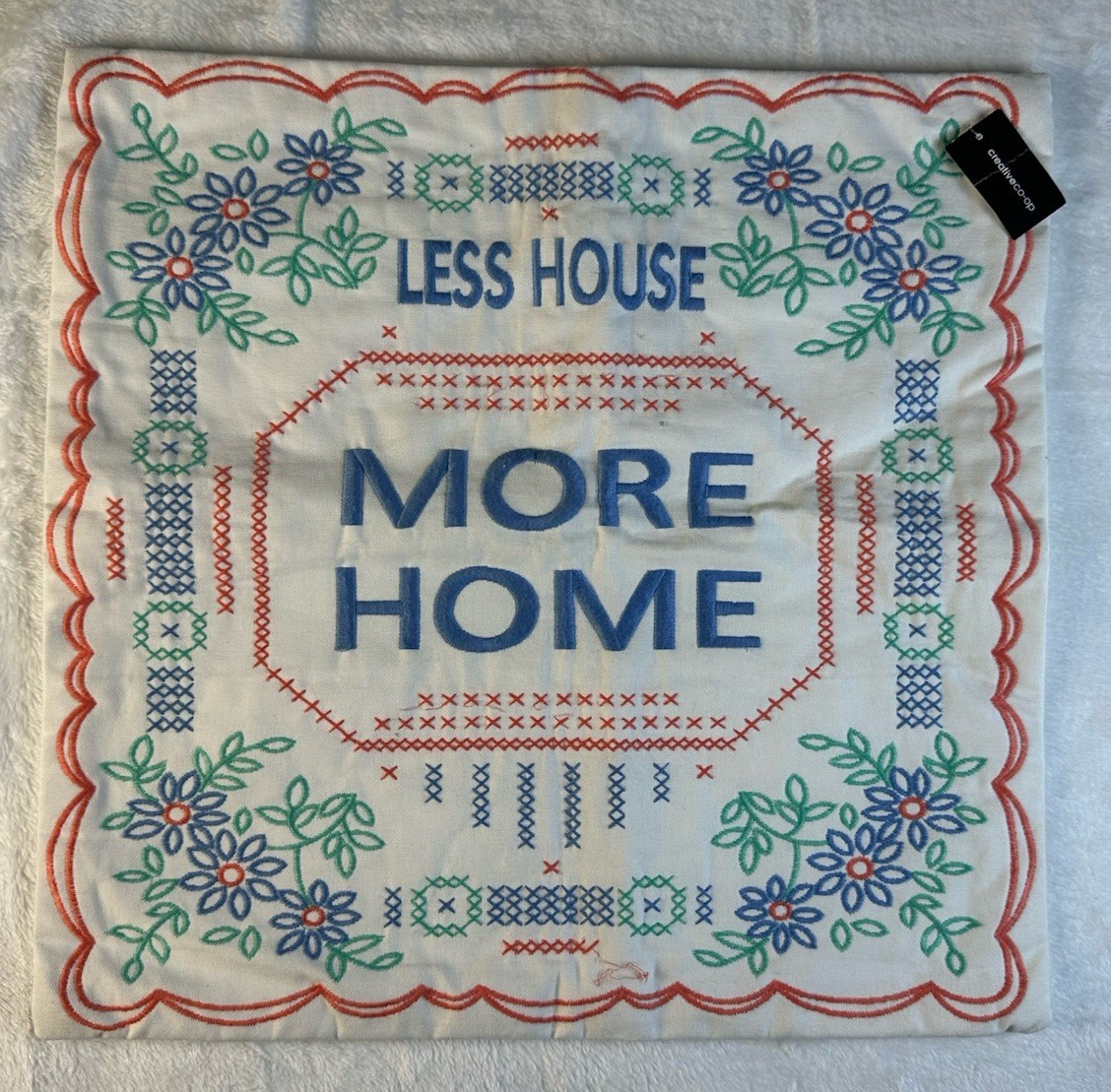 NEW Creative Co-Op Less House More Home Decorative Pillow Cover 18″ Embroidered