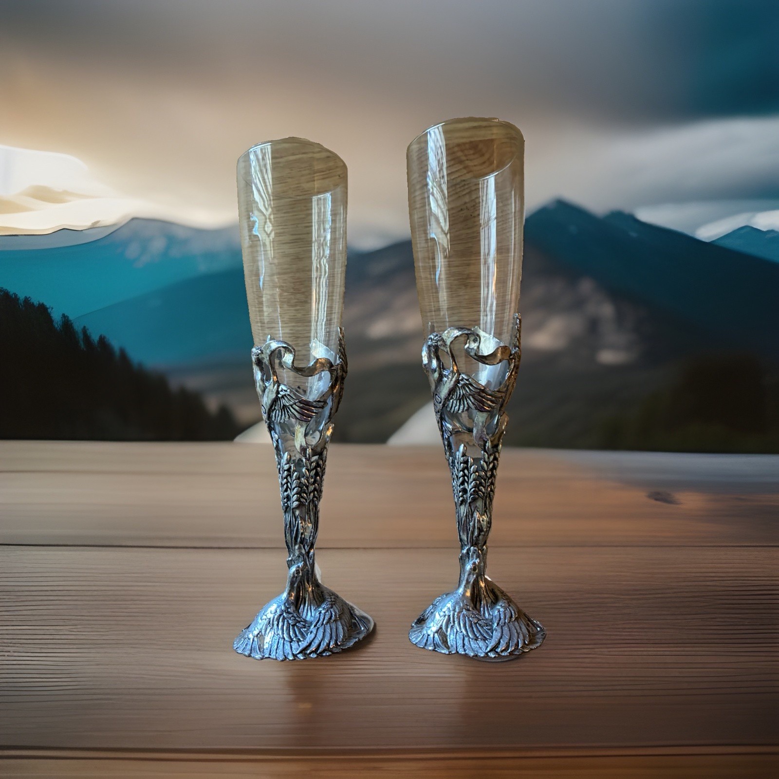 Arthur Court 2000 Millennium Champagne Flutes Set of 2 Dove Wheat Aluminum Base