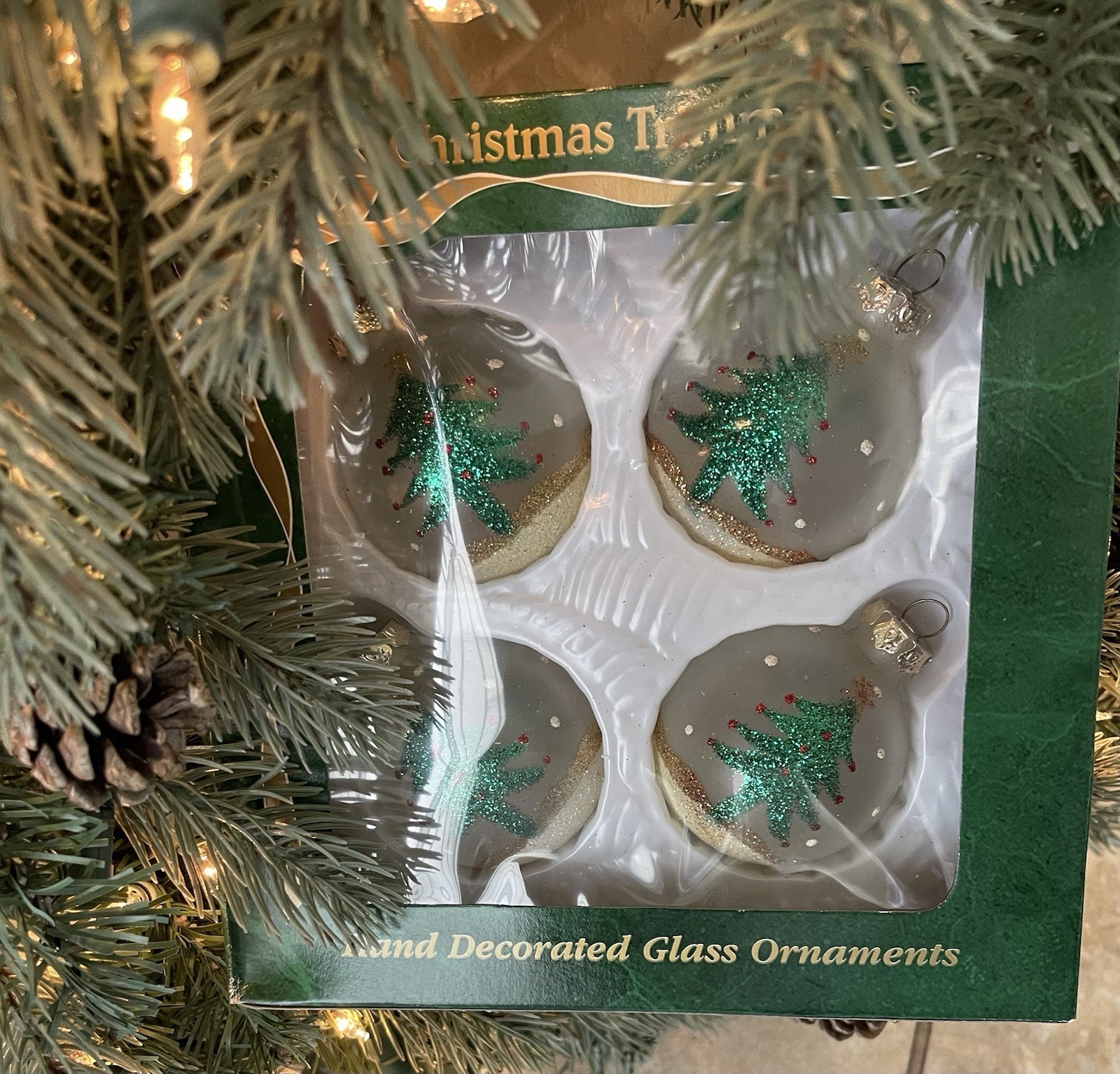 Vintage Christmas Trimmeries/Bradford Hand Decorated Glass Ornaments (4) Boxed