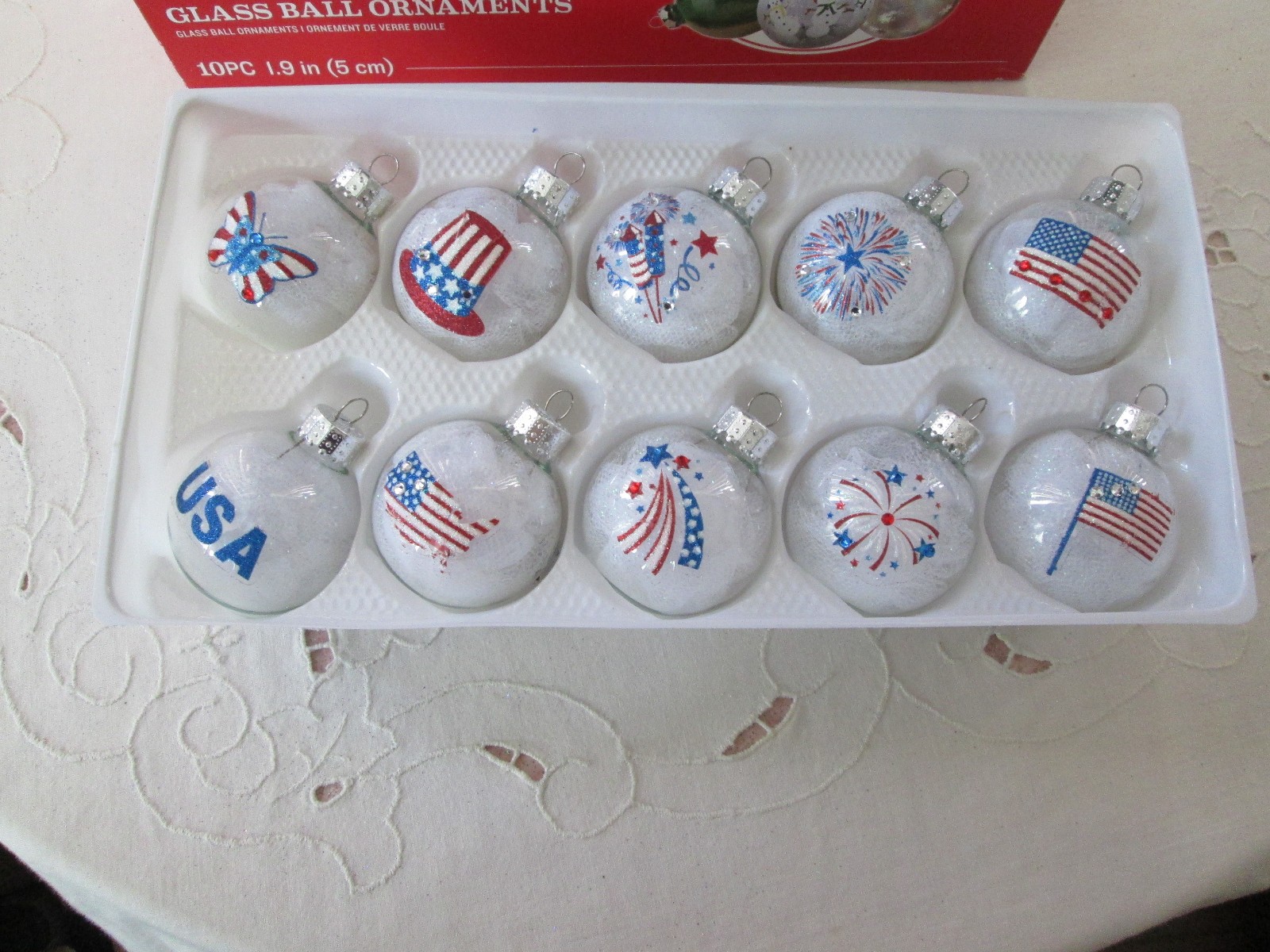 10 Patriotic Clear Glass Ornaments Handcrafted Decorated for – 4th of July, New