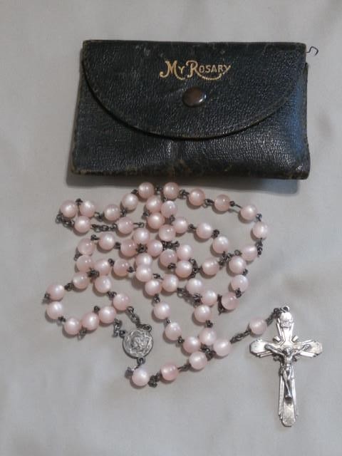 Pink Opalescent Plastic Round Bead Rosary Sterling Engraved Crucifix w/ Pouch
