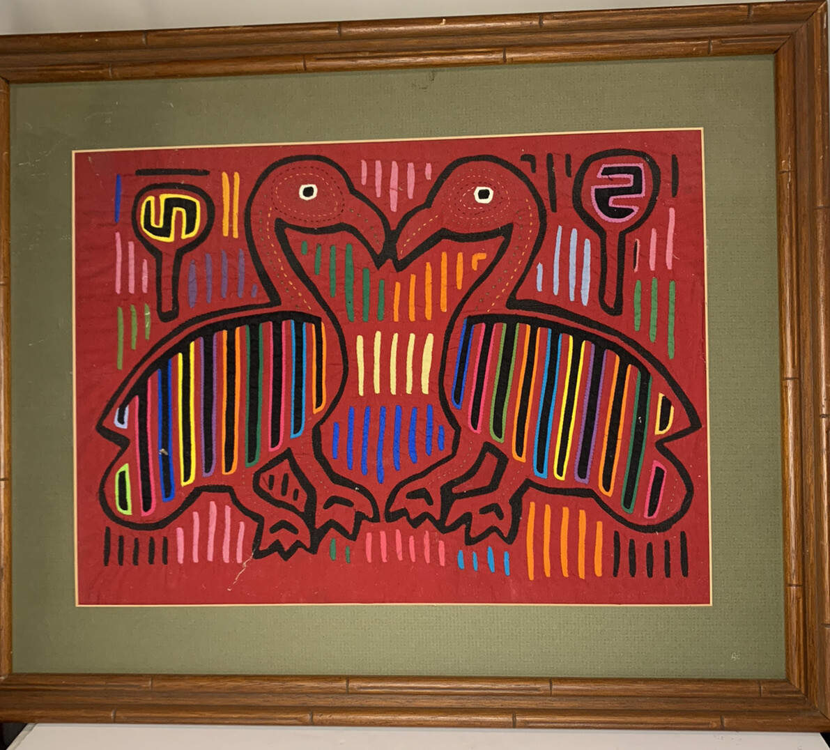 MOLA Reverse Applique Panama Kuna Indian Hand Stitched Birds Framed 22×18 inches