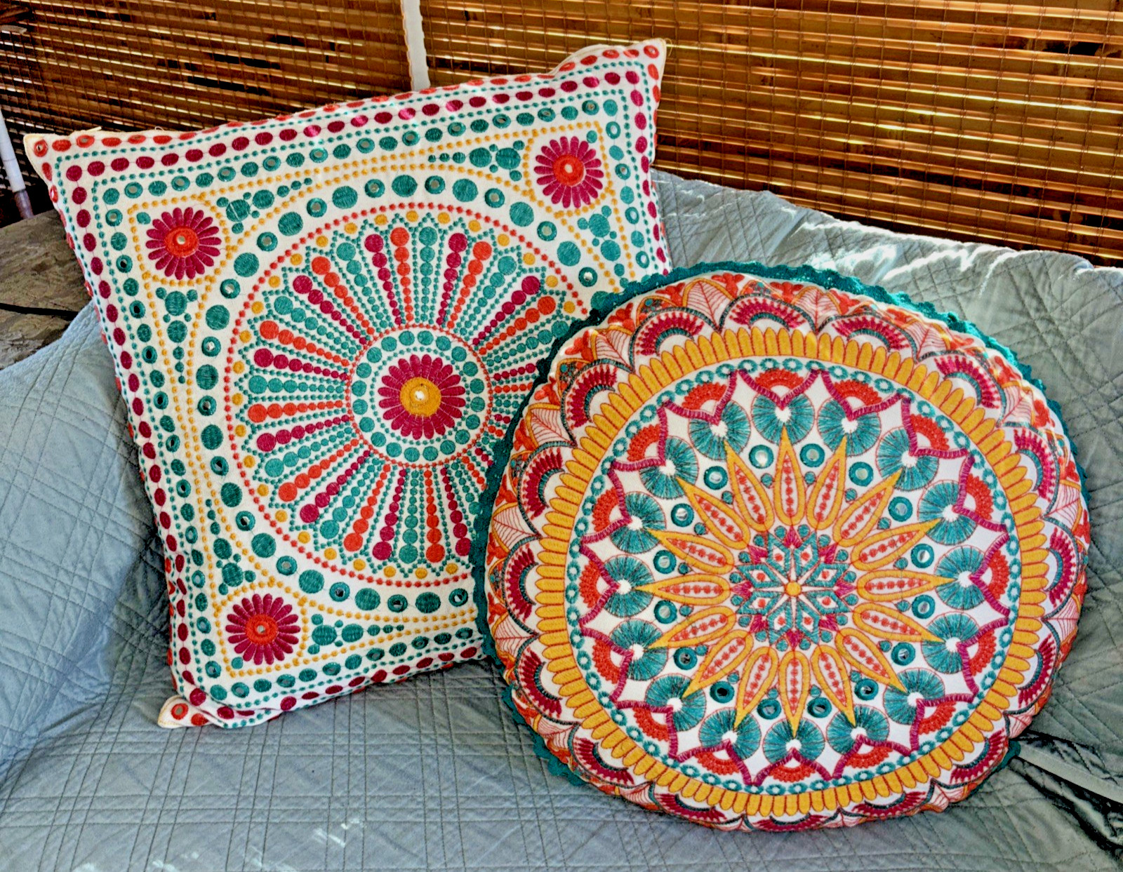 VTG Throw Pillows (2) Boho Mandala Mirrored Embroidery Square 20×20”, 18” Round