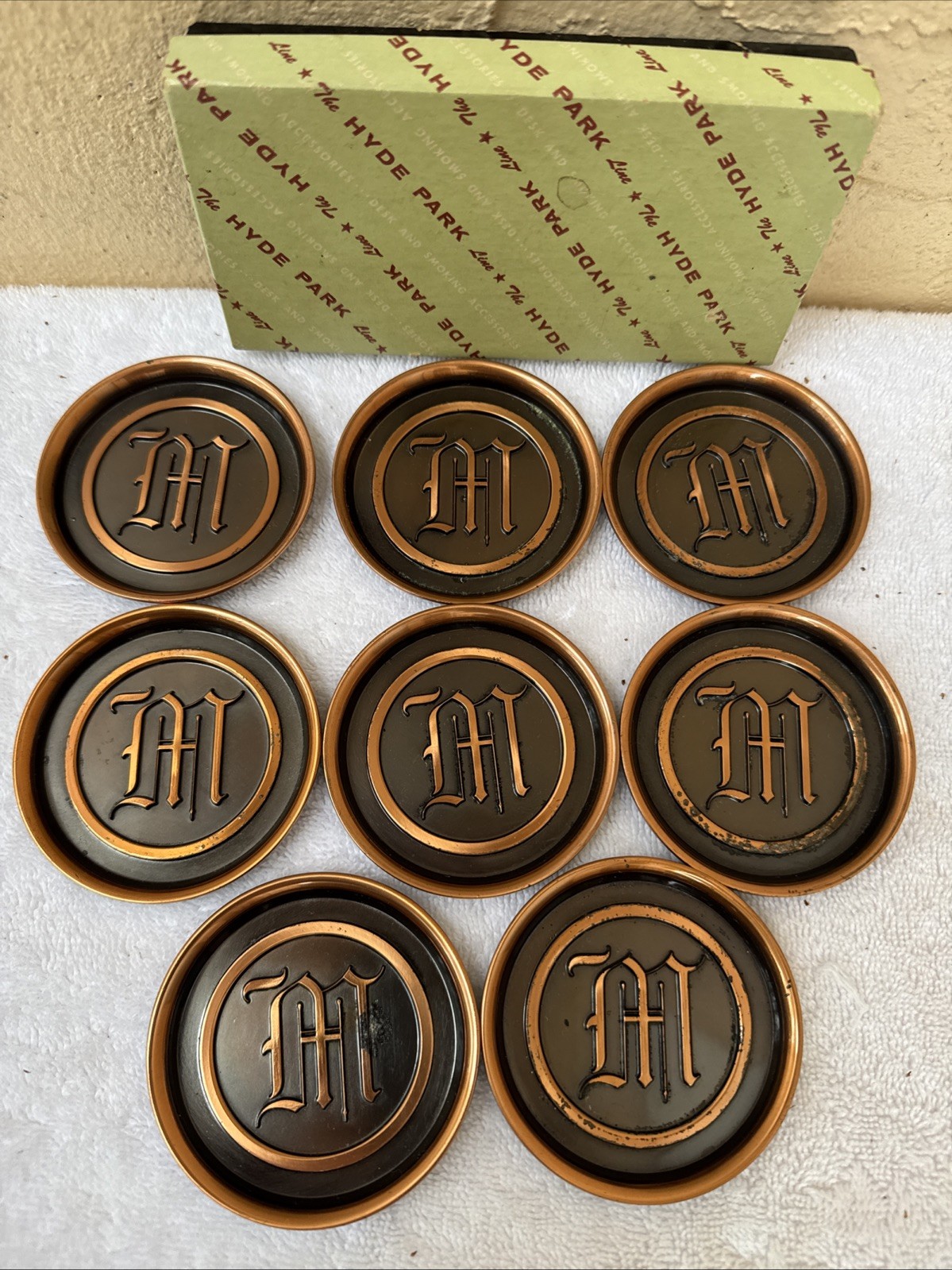 Vintage Hyde Park Brass Coasters Set of 8 Monogramed Letter “M”