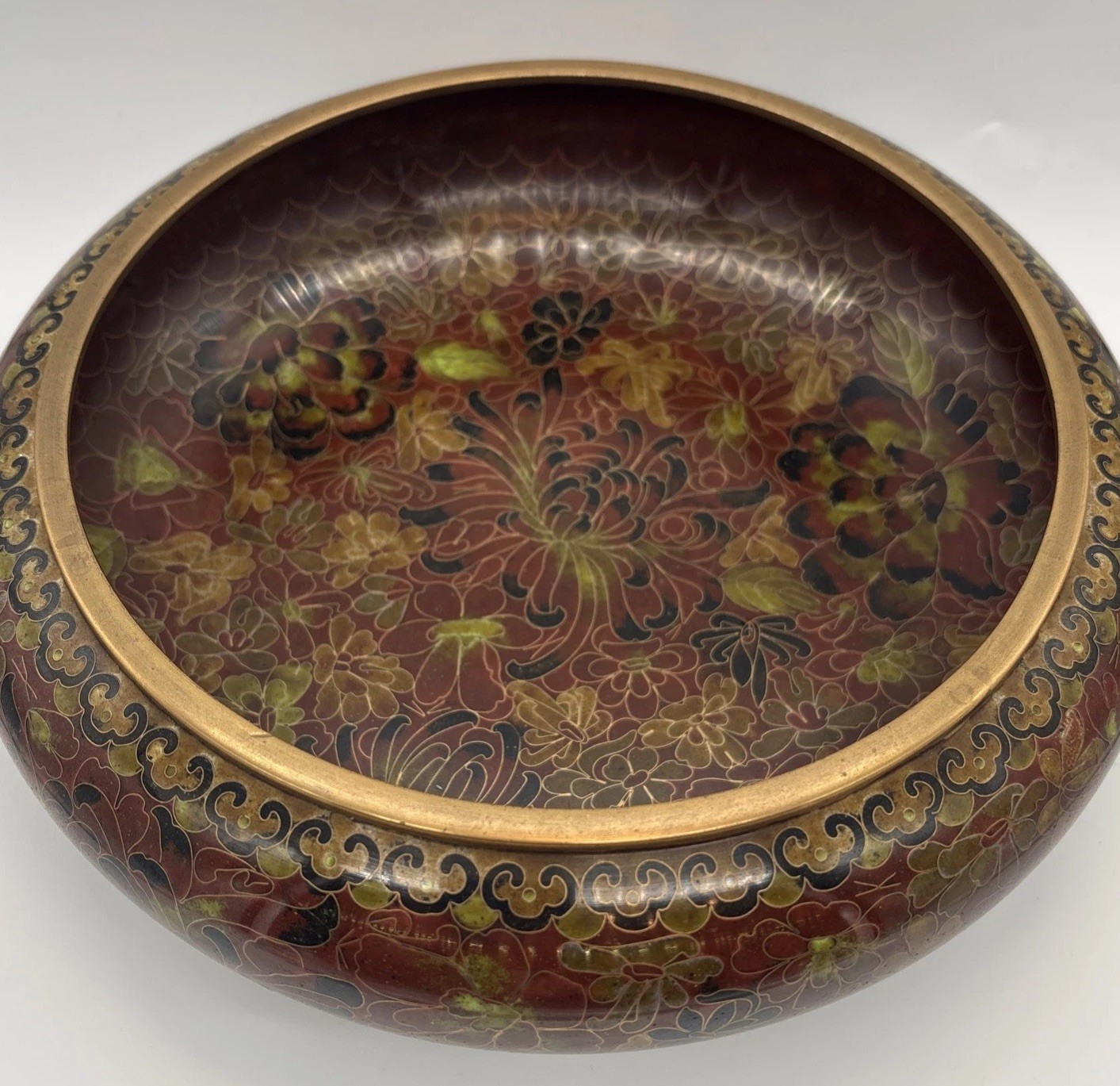 VTG Cloisonné Bowl 9” Brass Enamel Autumn Brown Black Yellow Green Zi Jin Cheng