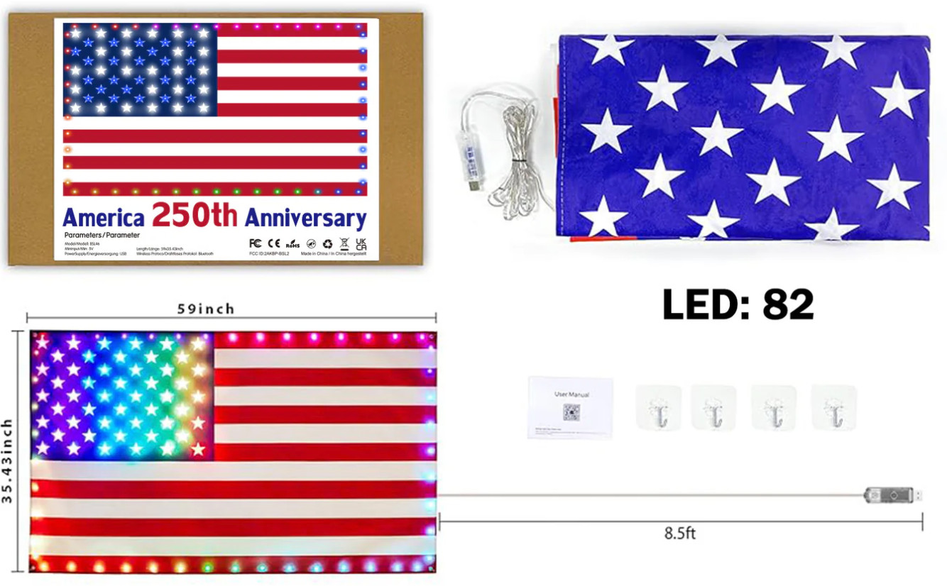 U.S. 250th Celebratio Flag 3x5FT with Smart 82 LED Lights, APP Decorations Color