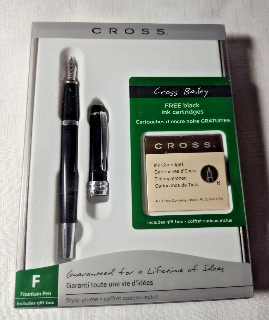 NIB Cross Bailey Fountain Pen Gift Set Black Lacquer Chrome & Ink AT0456H-7MS/2