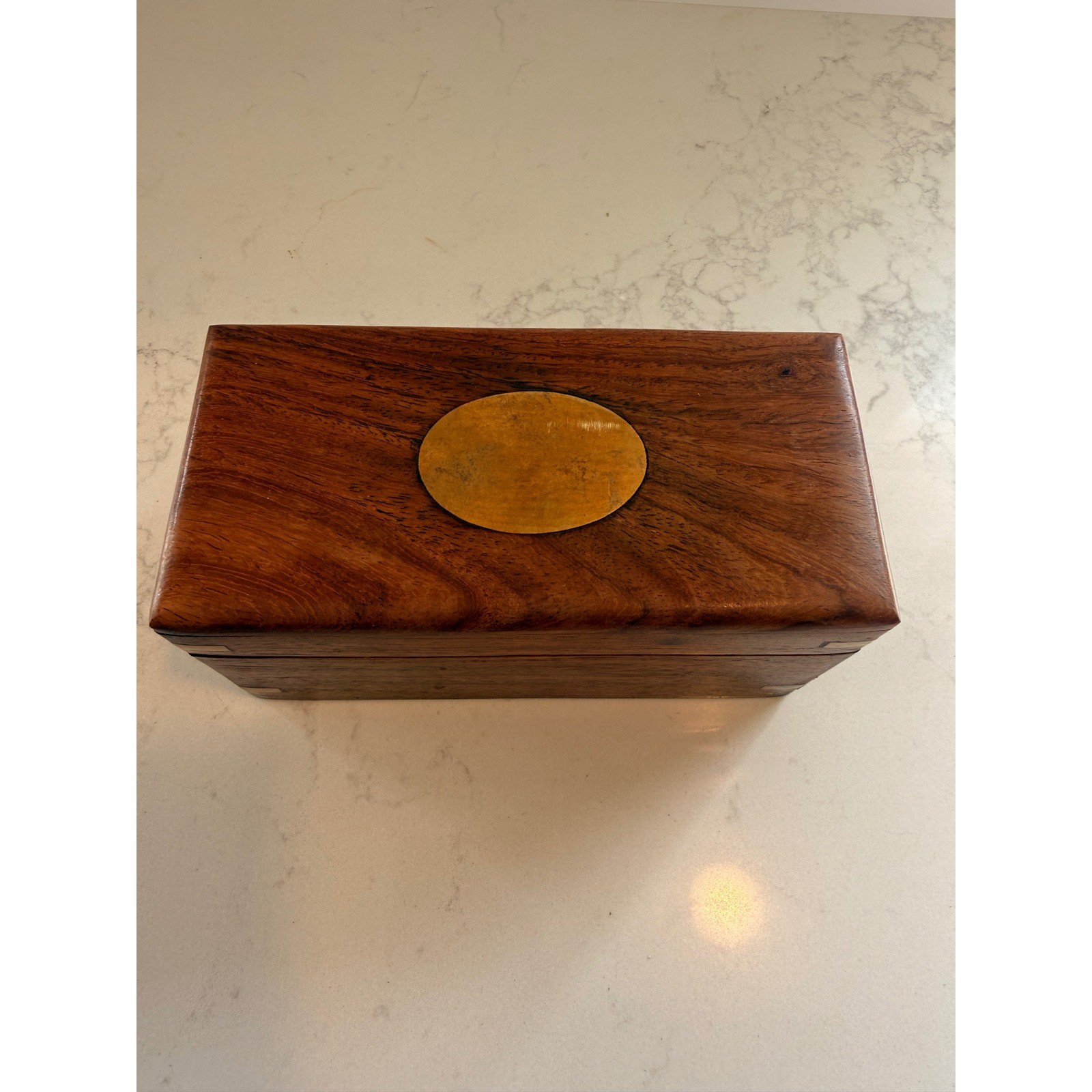 Vintage Wood Brass Inlay Keepsake Box Campaign Style Rectangular Trinket Chest