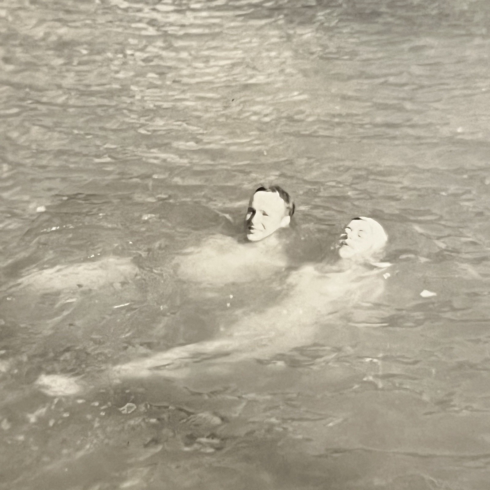 Vintage Snapshot Photograph Beautiful Woman Swimsuit Man Swimming In Lake