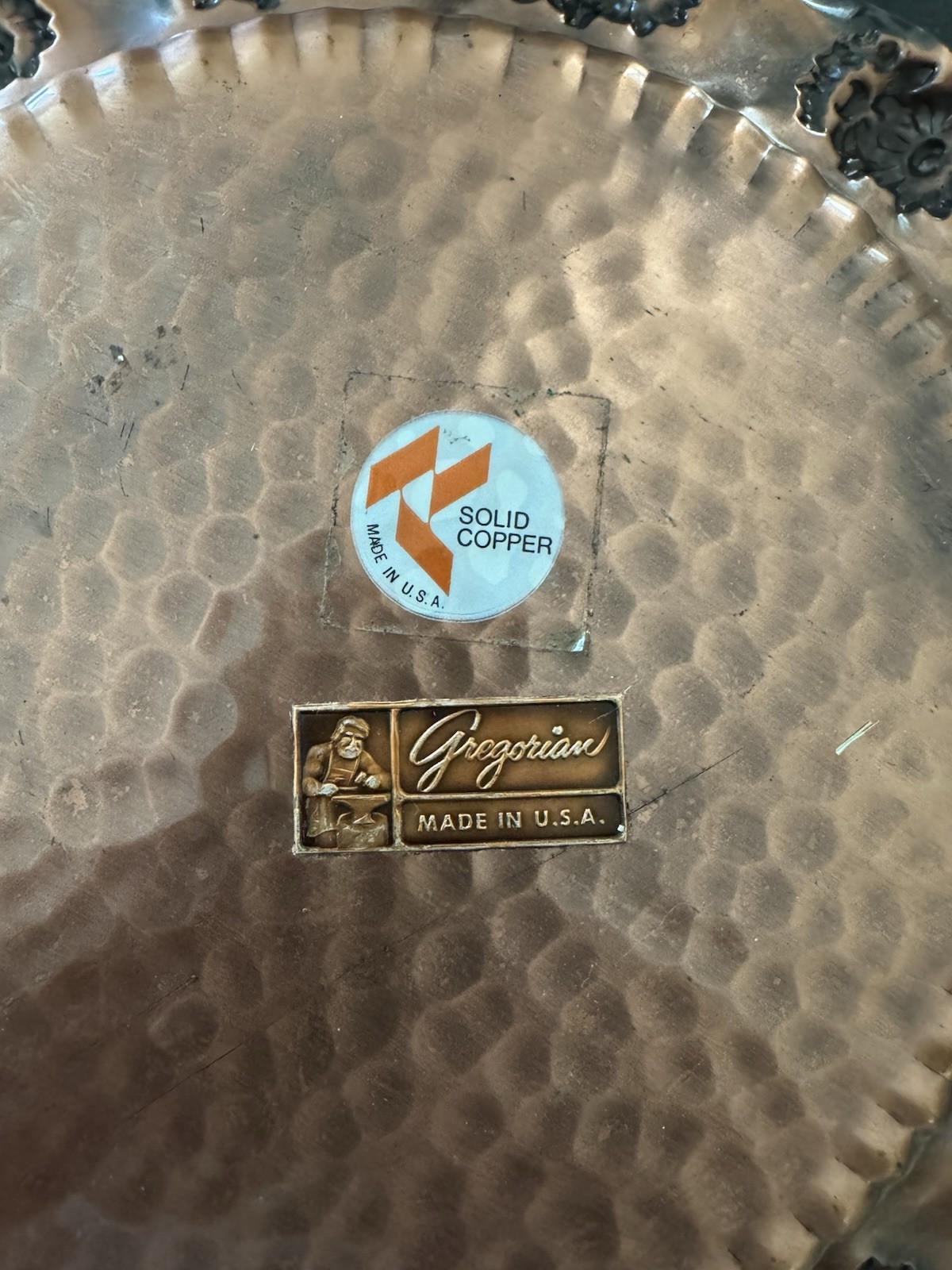 Vintage Gregorian Hammered Solid Copper Hanging Plate Approx 9.5 inches Flowers