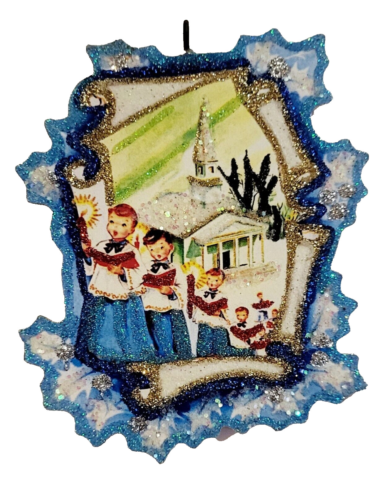 CHOIR BOYS, SNOWY CHURCH SCENE * Glitter CHRISTMAS ORNAMENT * Vtg Img