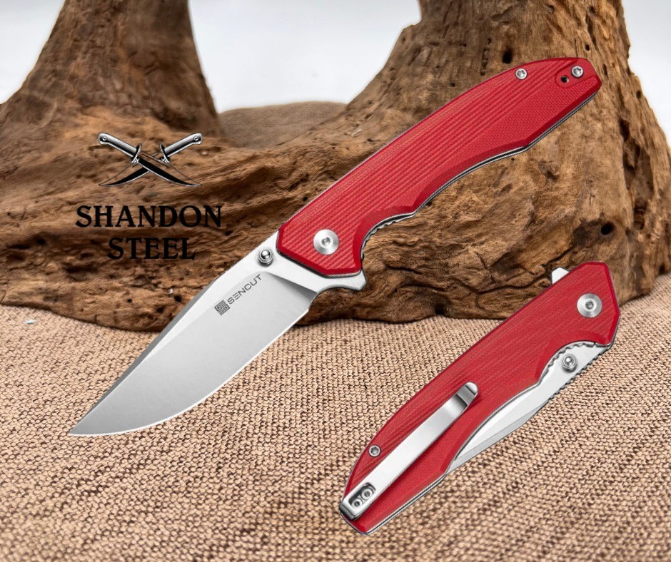 SENCUT Sylor Flipper & Thumb Stud Knife Red G10 Handle (3.35″ Satin Finished D2