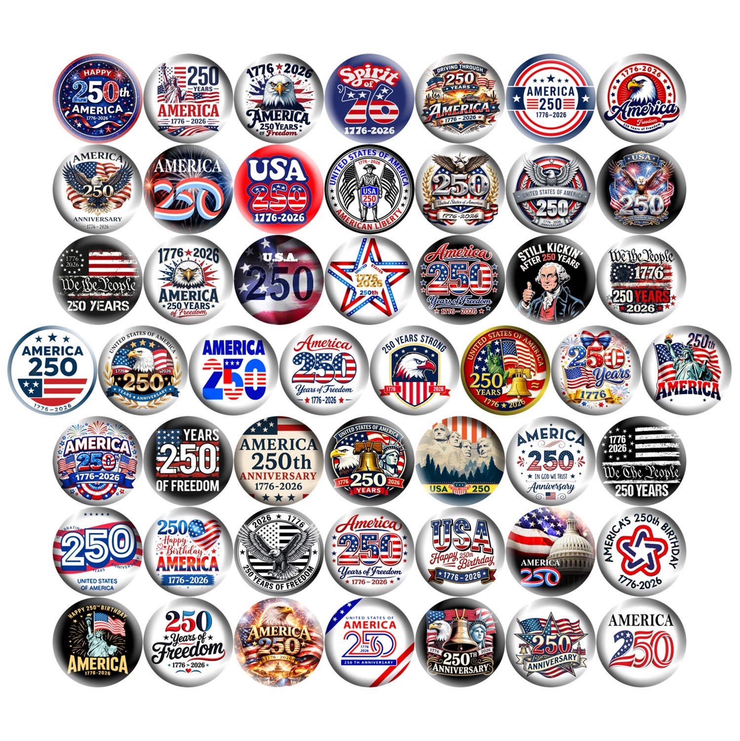 USA 250th Anniversary 1776-2026 Patriotic 1.25″ Pinback Buttons America, 50 Pins