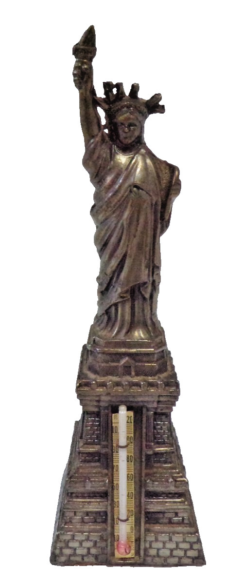 STATUE OF LIBERTY VINTAGE METAL 6″ FIGURINE WITH GLASS THERMOMETER NYC SOUVENIR