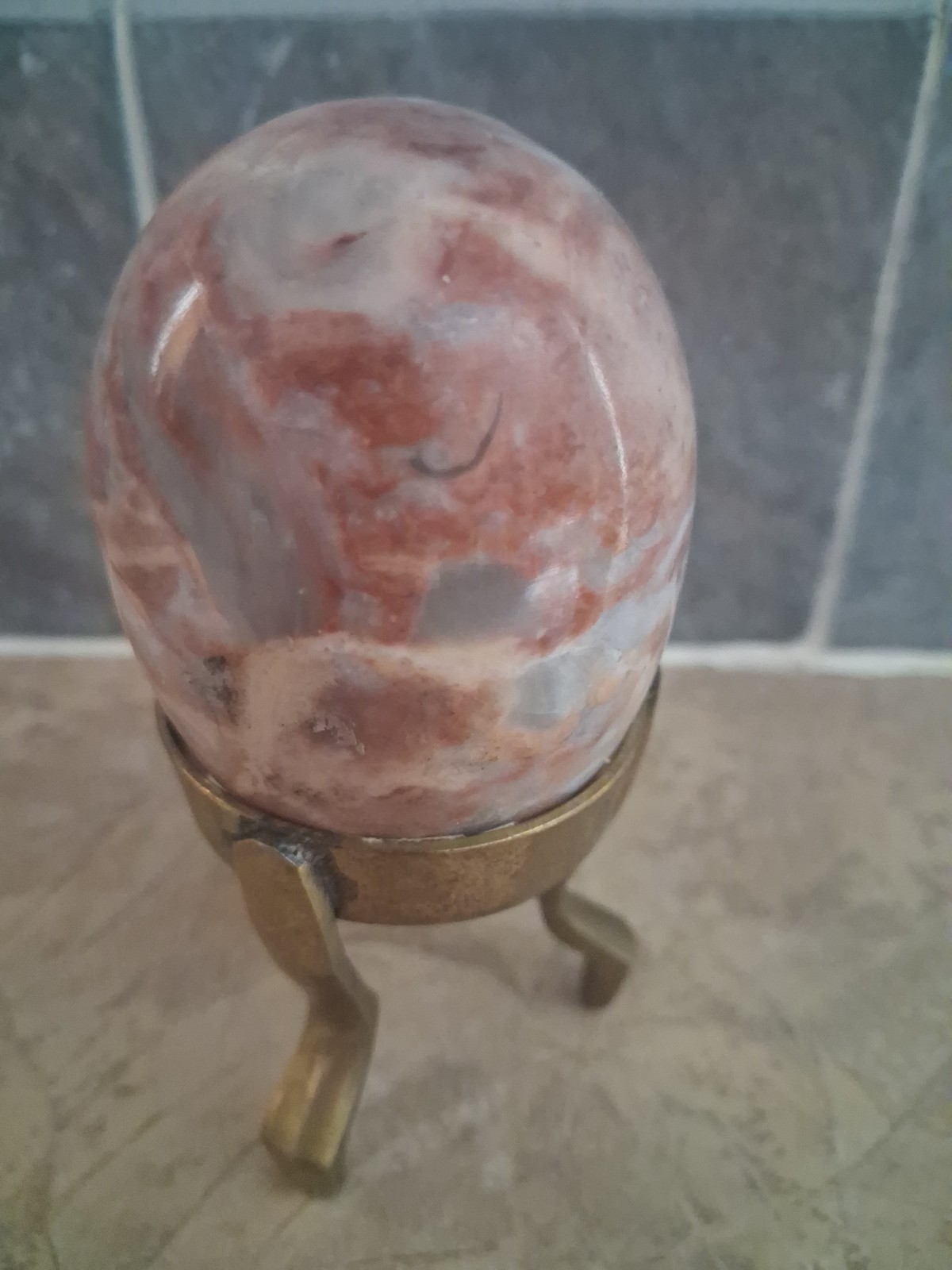 Vintage Brown, Gray, & White Marbled Egg With Brass Stand Stunning