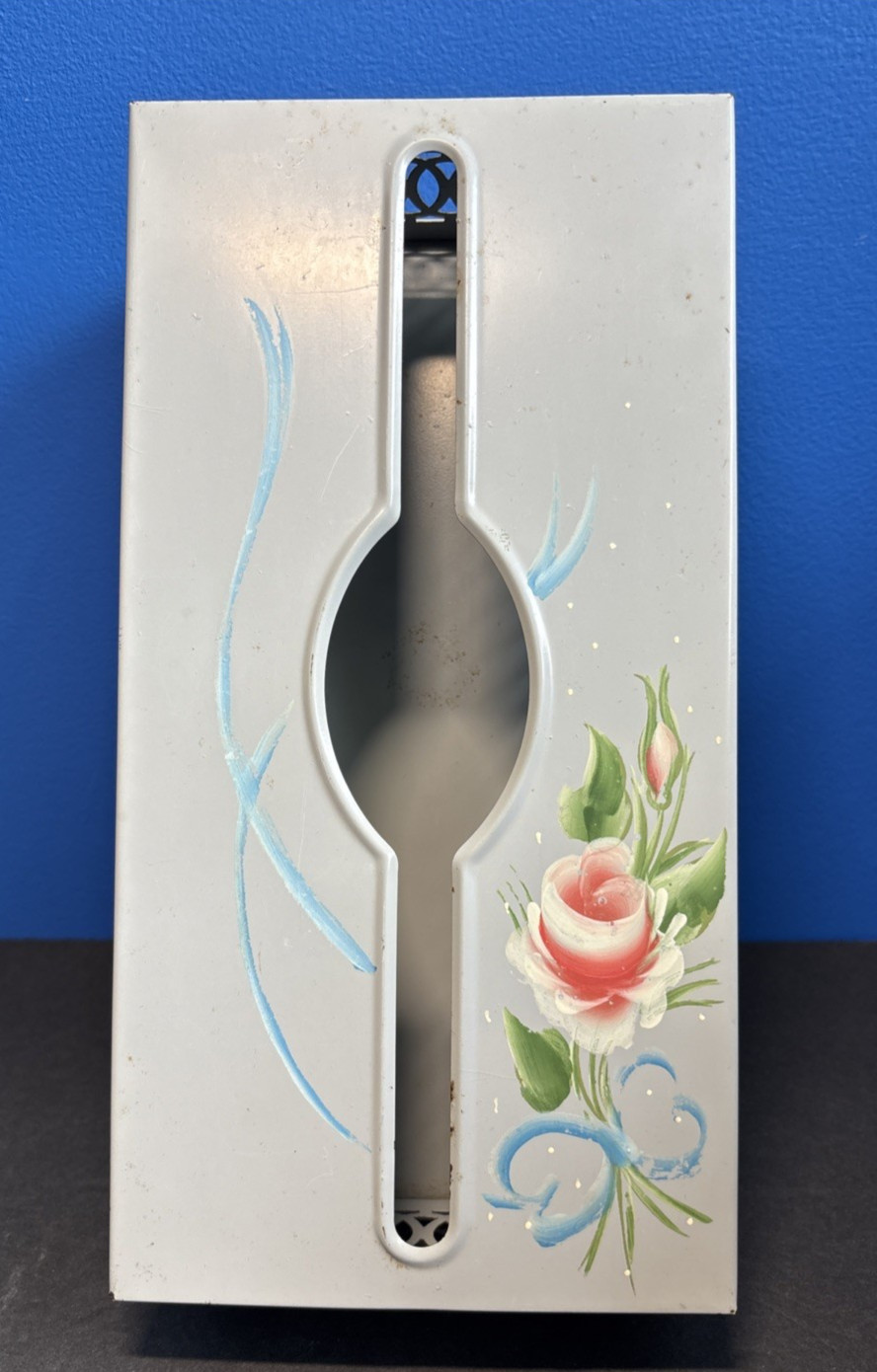 Vintage Retro Metal Tissue Box Holder Hand Painted Floral Slider Top READ