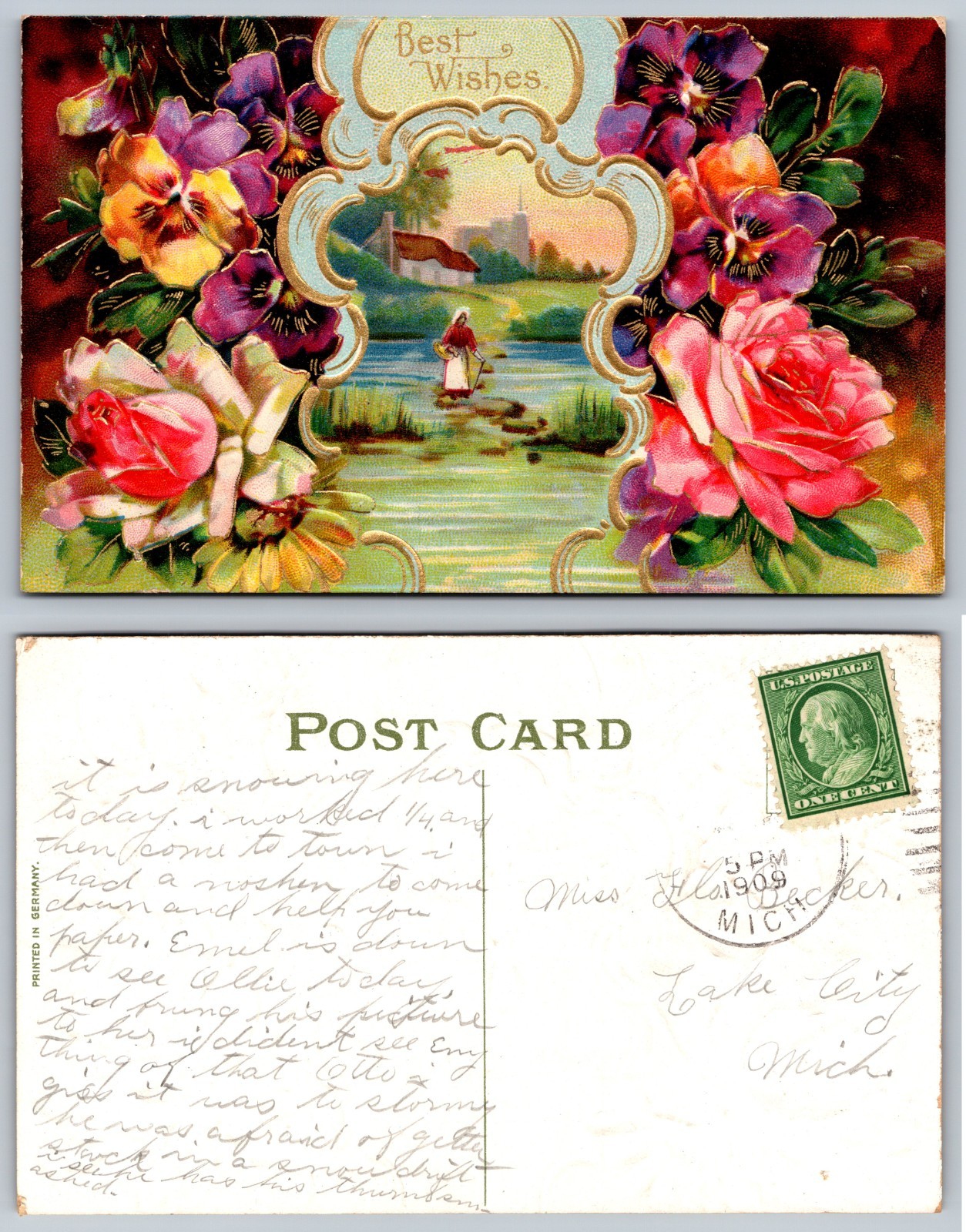 Best Wishes Floral Artwork Postcard