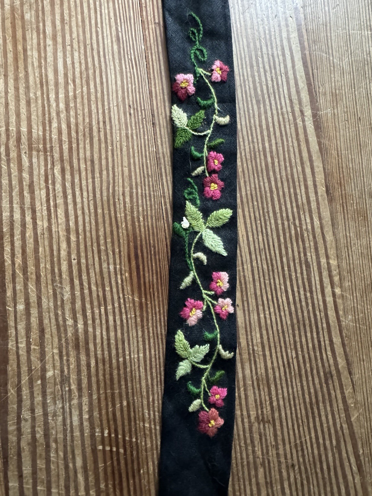 Hand Embroidered 20” Floral Vine Flowers Antique Handsewn Strip Piece