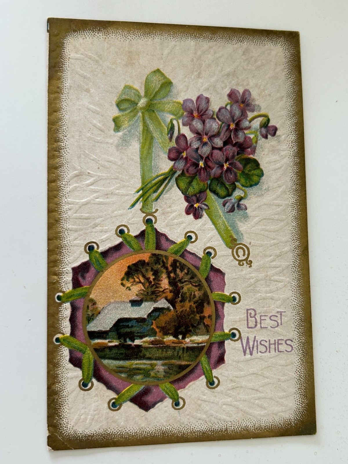 Best Wishes Purple Violets House Scene Vintage Postcard