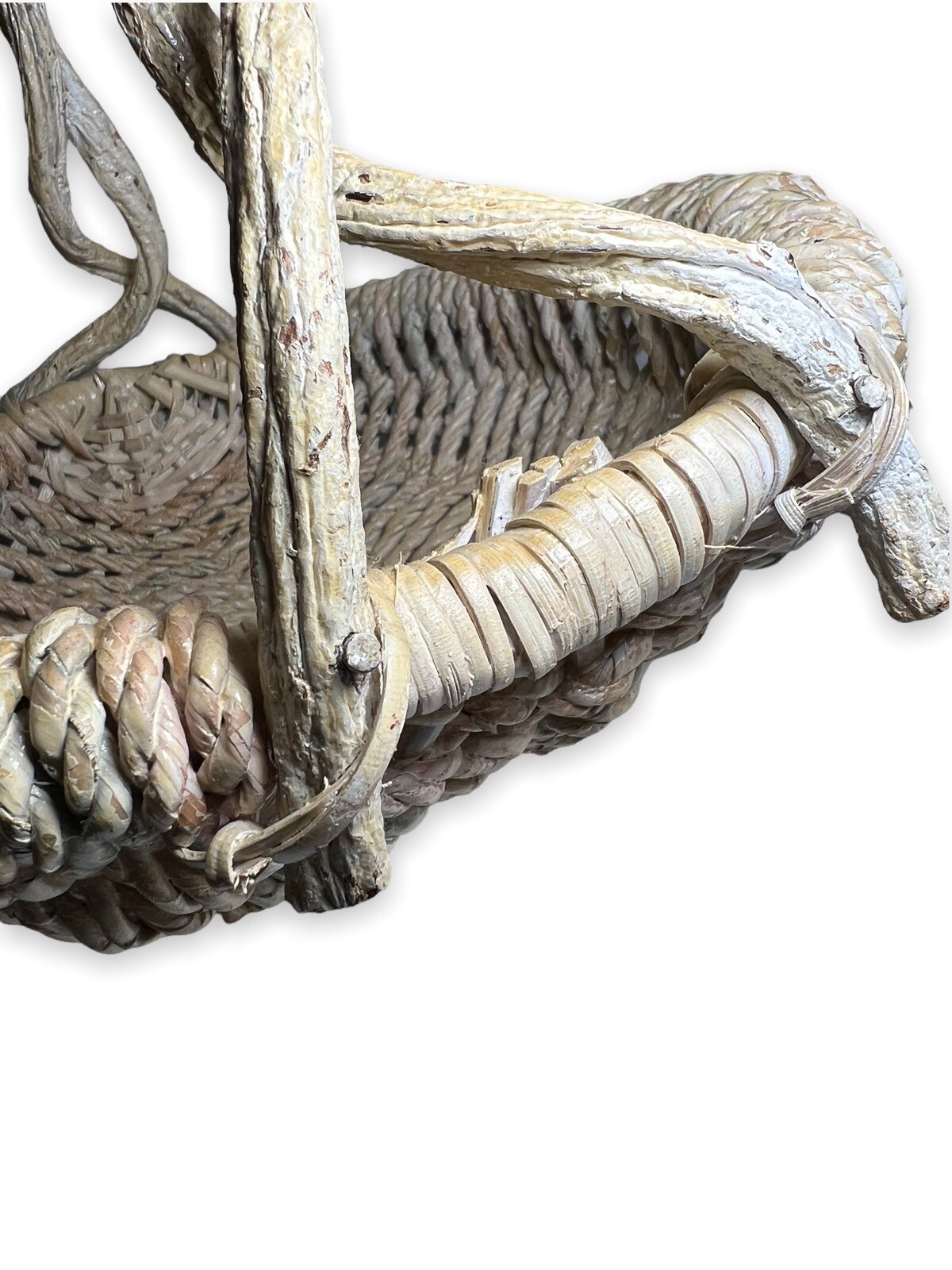 Rustic Primitive Decorative Basket Branch Twig Handle Woven Boho Rattan Woodland