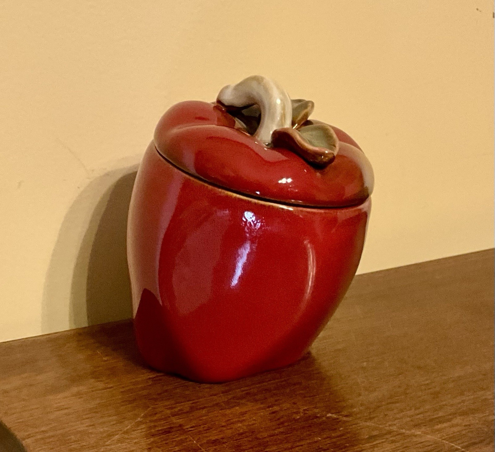 Vintage Red “Slanted Apple” Small Canister Jar 4.75” Glazed Pottery EXCELLENT