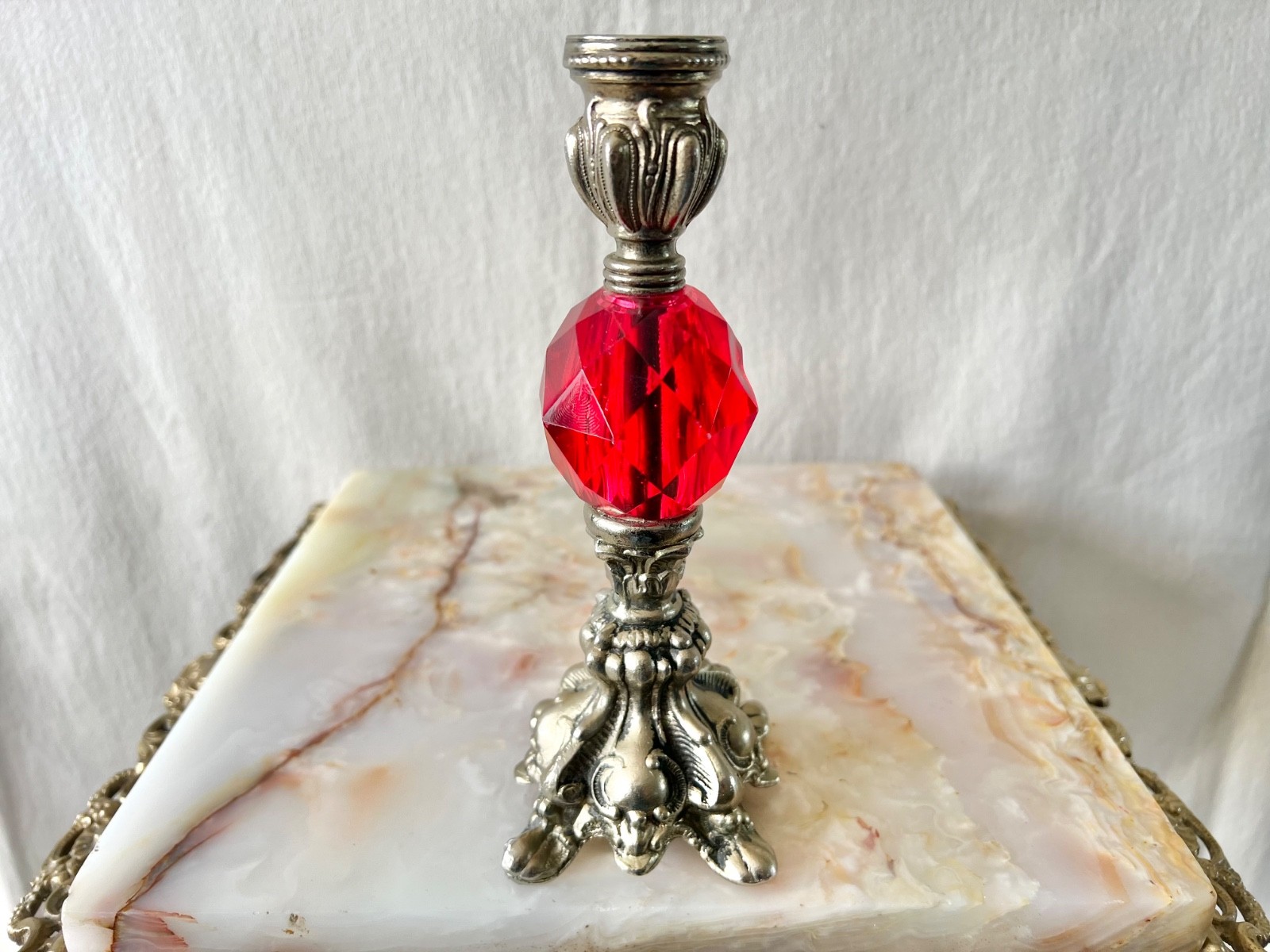 Vintage 1960’s Red Lucite Candle Holders Silver Tone Gothic Baroque Set