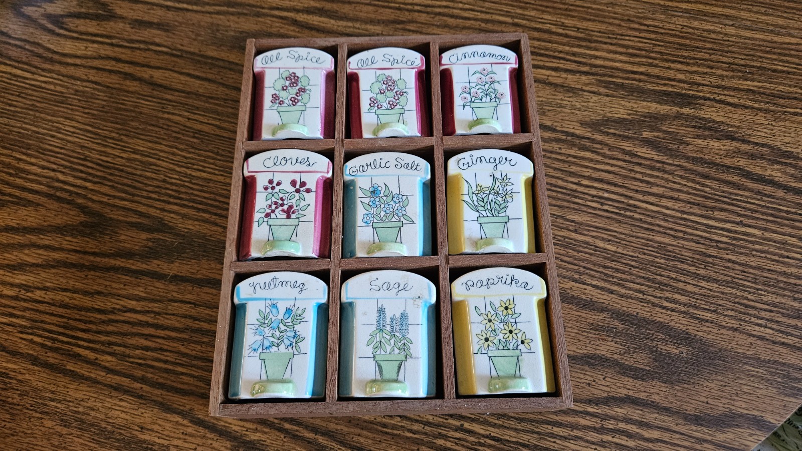 1960 Vintage Ceramic Herb Spice Rack Cottagecore Japan Set of 9