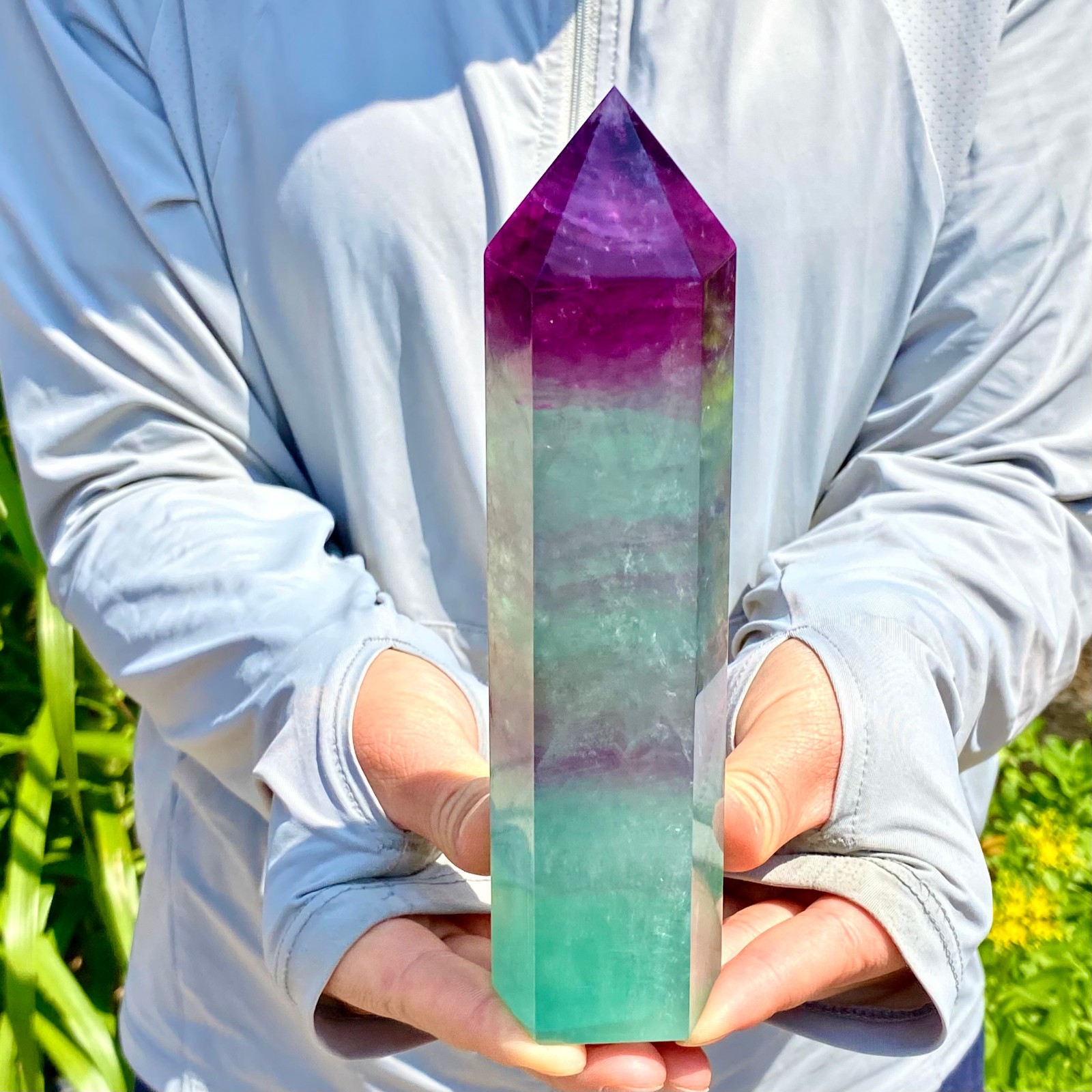 1.8LB Natural Rainbow Fluorite Obelisk Quartz Crystal Wand Tower Point Healing