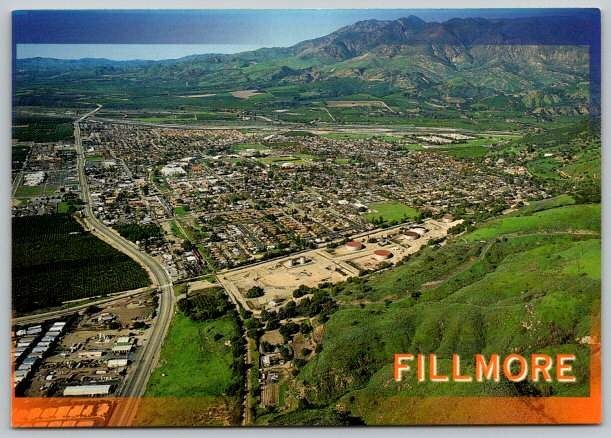 Fillmore California Aerial View, Mountains, Freeway and Orange Groves Postcard