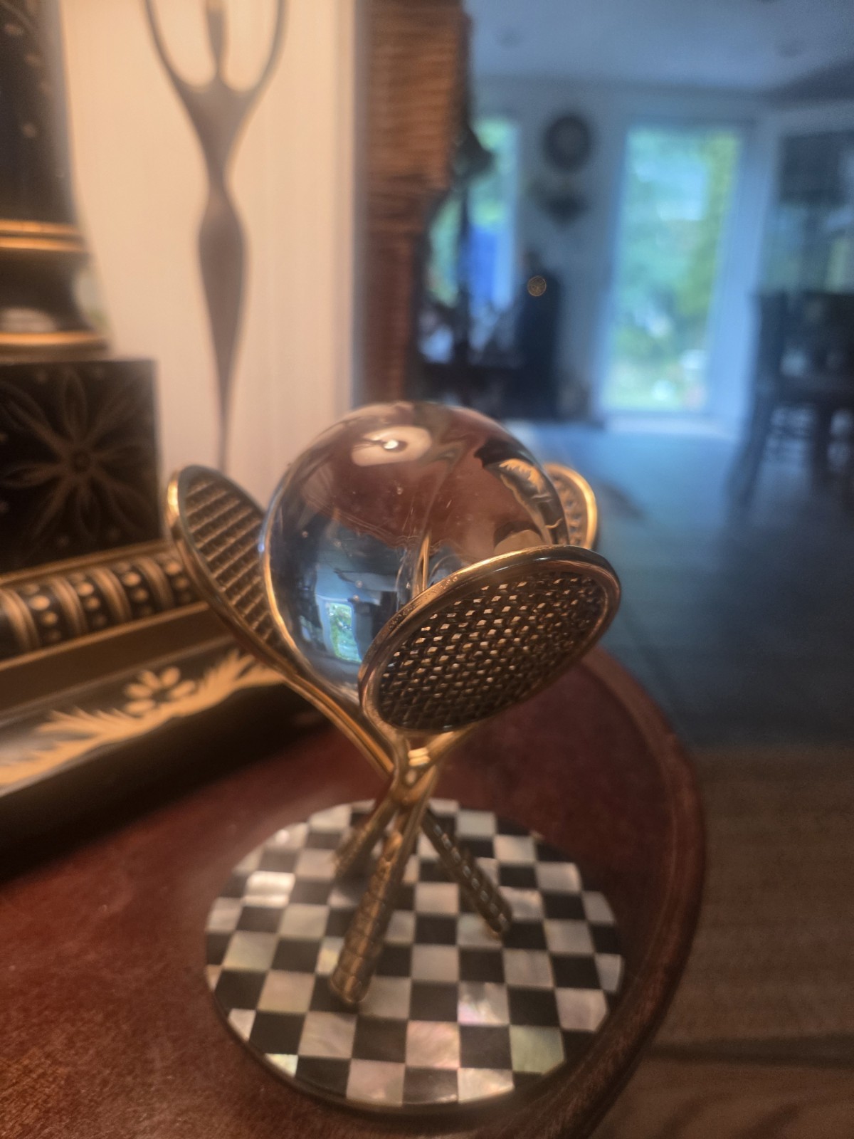 Brass Tennis Ball Holder and Glass Tennis Ball, 4.25″ H x 4″ W x 4″ D